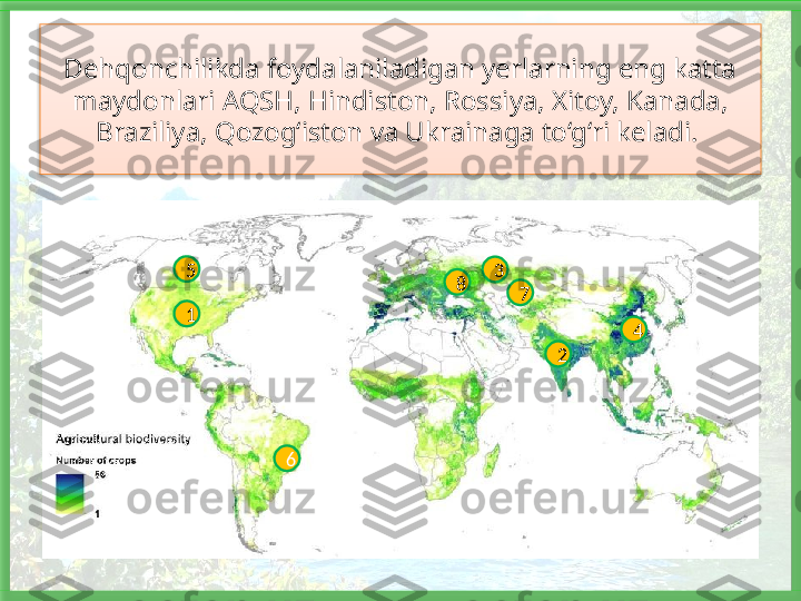 Dehqonchilikda foydalaniladigan yerlarning eng katta 
maydonlari AQSH, Hindiston, Rossiya, Xitoy, Kanada, 
Braziliya, Qozog‘iston va Uk rainaga to‘g‘ri keladi. 
1 3
2
65
8
47   