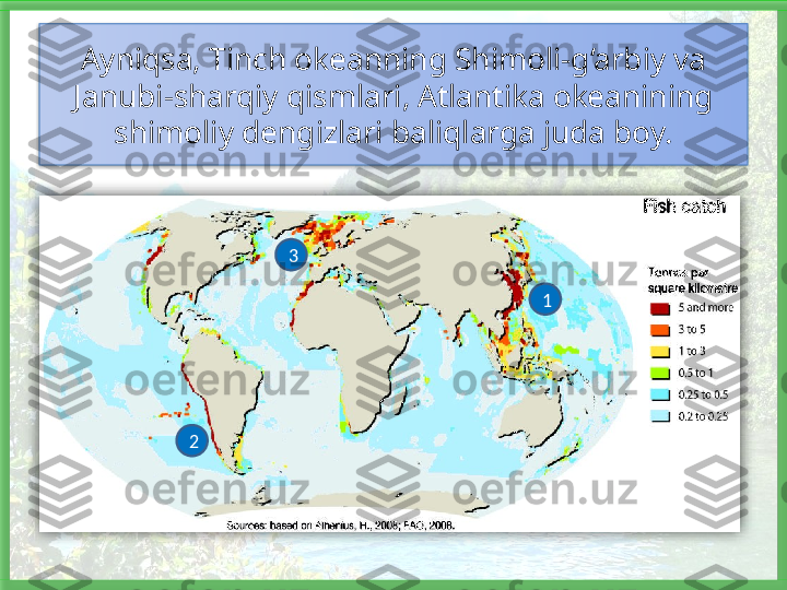 Ayniqsa, Tinch okeanning Shimoli-g‘arbiy va 
Janubi-sharqiy qismlari, Atlantika okeanining 
shimoliy dengizlari baliqlarga juda boy.
13
2    