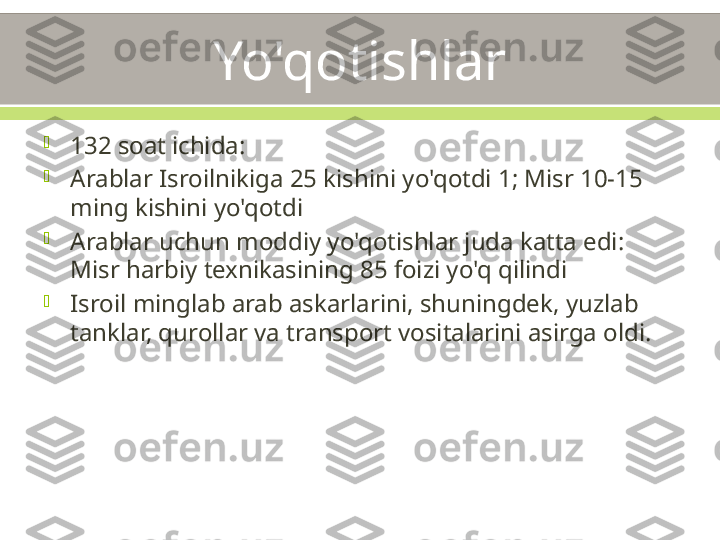 Yo'qotishlar

132 soat ichida:

Arablar Isroilnikiga 25 kishini yo'qotdi 1; Misr 10-15 
ming kishini yo'qotdi

Arablar uchun moddiy yo'qotishlar juda katta edi: 
Misr harbiy texnikasining 85 foizi yo'q qilindi

Isroil minglab arab askarlarini, shuningdek, yuzlab 
tanklar, qurollar va transport vositalarini asirga oldi. 