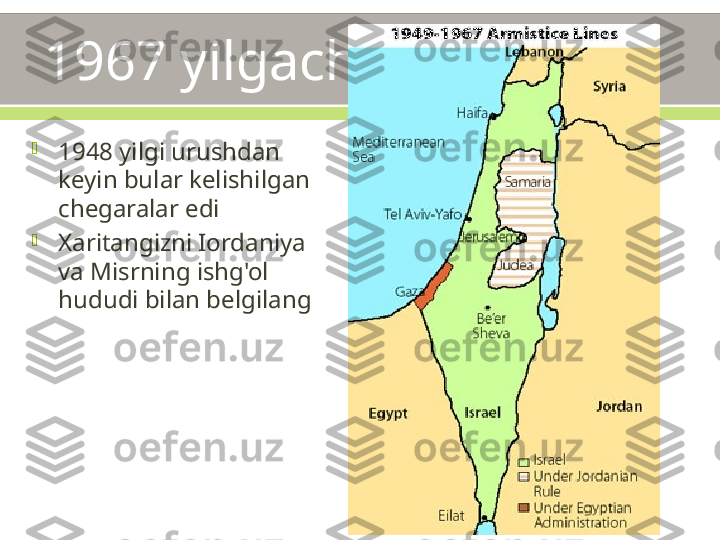 1967 yilgacha xarita

1948 yilgi urushdan 
keyin bular kelishilgan 
chegaralar edi

Xaritangizni Iordaniya 
va Misrning ishg'ol 
hududi bilan belgilang 