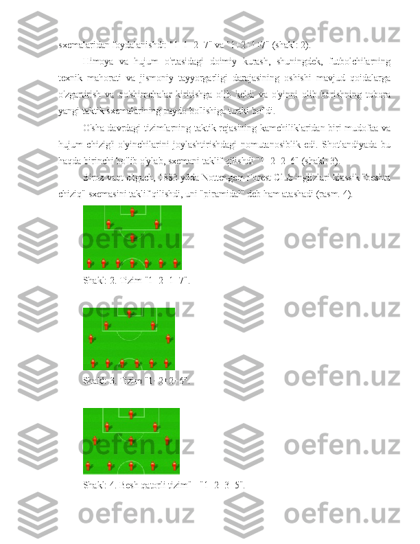 sxemalaridan foydalanishdi: "1+1+2+7" va "1+2+1+7" (shakl: 2).
Himoya   va   hujum   o'rtasidagi   doimiy   kurash,   shuningdek,   futbolchilarning
texnik   mahorati   va   jismoniy   tayyorgarligi   darajasining   oshishi   mavjud   qoidalarga
o'zgartirish   va   qo'shimchalar   kiritishga   olib   keldi   va   o'yinni   olib   borishning   tobora
yangi taktik sxemalarining paydo bo'lishiga turtki bo'ldi.
O'sha davrdagi tizimlarning taktik rejasining kamchiliklaridan biri mudofaa va
hujum   chizig'i   o'yinchilarini   joylashtirishdagi   nomutanosiblik   edi.   Shotlandiyada   bu
haqda birinchi bo'lib o'ylab, sxemani taklif qilishdi "1+2+2+6" (shakl: 3).
Biroz vaqt o'tgach, 1883 yilda Nottengem Forest Club inglizlari klassik "beshta
chiziq" sxemasini taklif qilishdi, uni "piramidal" deb ham atashadi (rasm.  4).
Shakl: 2. Tizim "1+2+1+7".
Shakl: 3. Tizim "1+2+2+6".
Shakl: 4. Besh qatorli tizim" - "1+2+3+5". 