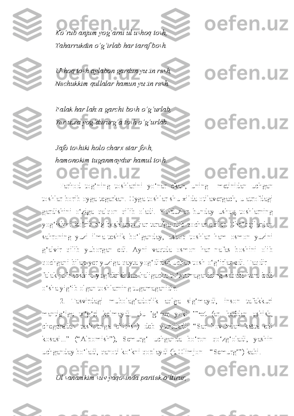 Ko‘rub anjum yog‘arni ul ushoq tosh,
Taharrukdin o‘g‘irlab har taraf bosh.
Ushoq tosh aylabon gardun yuzin resh,
Nechukkim qullalar hamun yuzin resh.
Falak har lahza garchi bosh o‘g‘urlab,
Yer uzra yog‘dururg‘a tosh o‘g‘urlab.
Jafo toshiki holo charx etar fosh,
hamonokim tuganmaydur hamul tosh.
Farhod   tog‘ning   toshlarini   yo‘nar   ekan,   uning     metinidan   uchgan
toshlar borib oyga tegarkan. Oyga toshlar shu xilda otilavergach, u atrofdagi
gardishini   o‘ziga   qalqon   qilib   oladi.   Yulduzlar   bunday   ushoq   toshlarning
yog‘ishini ko‘rib o‘z boshlarini har tarafga olib qochar edilar. Cho‘qqilardan
sahroning   yuzi   ilma-teshik   bo‘lganday,   ushoq   toshlar   ham   osmon   yuzini
g‘alvir   qilib   yuborgan   edi.   Ayni   vaqtda   osmon   har   nafas   boshini   olib
qochgani bilan yer yuziga qayta yog‘dirish uchun tosh o‘g‘irlar edi. Taqdir –
falak jafo toshini yog‘dirishdan haligacha to‘xtamaganining sababi ham hali
o‘sha yig‘ib olgan toshlarning tugamaganidir. 
2.   Tasvirdagi   mubolag‘adorlik   aqlga   sig‘maydi,   inson   tafakkuri
mantig‘iga   to‘g‘ri   kelmaydi.   Bu   ig‘roq   yoki   ifrot   (ar.   haddan   oshish,
chegaradan   tashqariga   chiqish)   deb   yuritiladi:   “Sar   hovuzdan   katta   edi
kosasi...”   (“Alpomish”),   Semurg‘   uchganda   bo‘ron   qo‘zg‘oladi,   yashin
uchganday bo‘ladi, qanoti ko‘kni qoplaydi (h.Olimjon – “Semurg‘”) kabi. 
Ul sanamkim suv yaqosinda paritek o‘ltirur, 