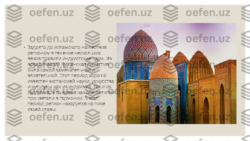  
◦
Задолго до исламского нашествия 
регионом в течение нескольких 
веков правили индуистские цари. Из 
всех династий Кушанская династия 
была самой замечательной и 
влиятельной. Этот период хорошо 
известен экспансией науки, искусства 
и культуры как из индуизма, так и из 
буддизма, в то время как обе религии 
процветали в гармонии. В этот 
период регион находился на пике 
своей славы 