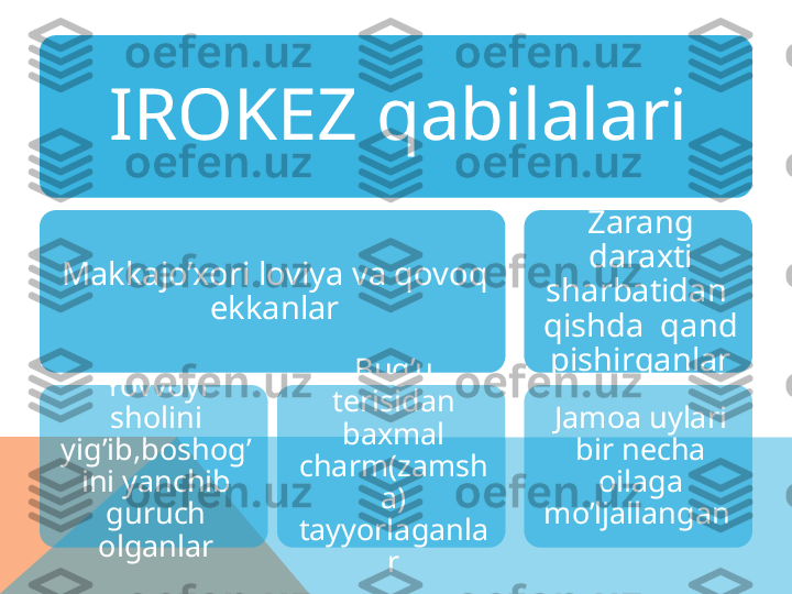 IROKEZ qabilalari
Makkajo’xori loviya va qovoq 
ekkanlar
Yovvoyi 
sholini 
yig’ib,boshog’
ini yanchib 
guruch 
olganlar Bug’u 
terisidan 
baxmal 
charm(zamsh
a) 
tayyorlaganla
r Zarang 
daraxti 
sharbatidan  
qishda  qand 
pishirganlar
Jamoa uylari 
bir necha 
oilaga 
mo’ljallangan         