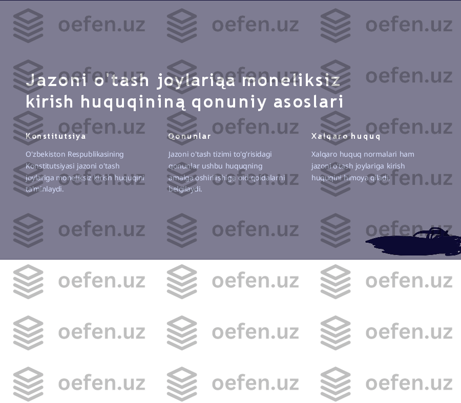 J a z o n i   o ' t a s h   j o y l a r i ą a   m o n e l i k s i z  
kirish  h u q u q i n i n ą   q o n u n i y   a s o s l a r i
K o n s t i t u t s i y a
O'zbekiston   Respublikasining 
Konstitutsiyasi   jazoni   o'tash  
joylariga  moneliksiz   kirish   huquqini  
ta'minlaydi. Q o n u n l a r
Jazoni   o'tash   tizimi   to'g'risidagi 
qonunlar   ushbu   huquqning  
amalga  oshirilishiga   oid   qoidalarni  
belgilaydi. X a l q a r o   h u q u q
Xalqaro   huquq   normalari   ham  
jazoni  o'tash   joylariga   kirish  
huquqini   himoya qiladi. 