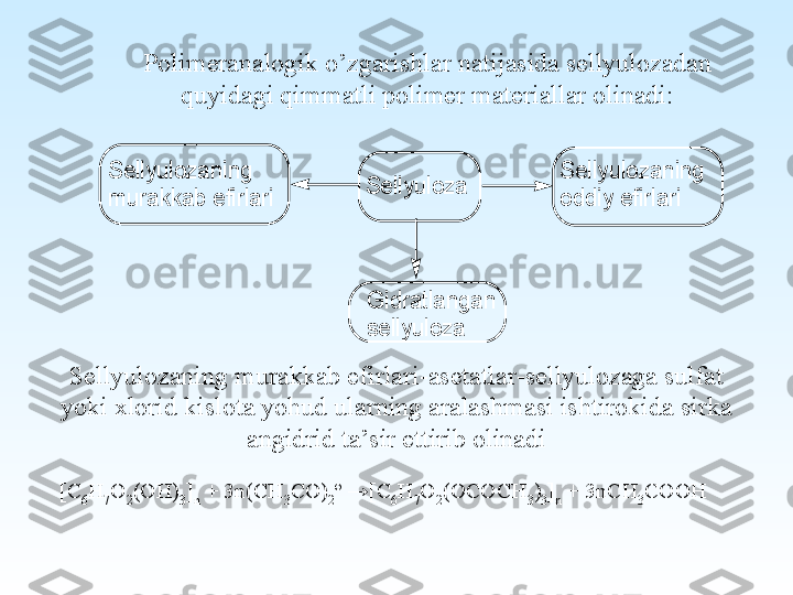 Polimeranalogik o’zgarishlar natijasida sellyulozadan 
quyidagi qimmatli polimer materiallar olinadi:S	e	lly	u	lo	z	a	n	in	g	 	
m	u	ra	k	k	a	b	 e	firla	ri	
S	e	lly	u	lo	z	a	
S	e	lly	u	lo	z	a	n	in	g	
o	d	d	iy	 e	firla	ri	
G	id	ra	tla	n	g	a	n	 	
s	e	lly	u	lo	z	a
Sellyulozaning murakkab efirlari-asetatlar-sellyulozaga sulfat 
yoki xlorid kislota yohud ularning aralashmasi ishtirokida sirka 
angidrid ta’sir ettirib olinadi
[C
6 H
7 O
2 (OH)
3 ]
n  + 3n(CH
3 CO)
2 º →[C
6 H
7 O
2 (OCOCH
3 )
3 ]
n  + 3nCH
3 COOH 