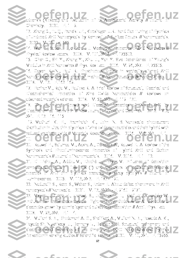 adoensis   (Koseret)   and   Evaluation   of   Its   Antibacterial   Activity   //   Journal   of
Chemistry. – 2020. – P. 1 – 9.  
13.  Zhang C., Tu Q., Francis L.F., Kortshagen U.R. Band Gap Tuning of Plyonkas
of Undoped  ZnO Nanocrystals  by Removal  of  Surface Groups  // Nanomaterials.
– 2022. – V. 12. – P. 565.  
14.   Wen B., Sader J. E., Boland J. J. Mechanical Properties of ZnO Nanowires //
Physical Review Letters. – 2008. – V. 101, №17. – P. 175502.   
15.     Chen   C.,   Shi   Y.,   Zhang   Y.,   Zhu     J.,   Yan   Y.   Size   Dependence     of   Young’s
Modulus in ZnO Nanowires // Phys. Rev Lett. – 2006. – V. 96, №7. – P. 75505.  
16.   Gayen   R.   N.,   Paul   R.   Phosphorous   doping   in   vertically   aligned   ZnO
Nanojinss   grown   by  wet-chemical   method  //   Nano-Structures   &   Nano-Objects.   –
2018. – V. 13. – Р.163–169.  
17.   Parihar V., Raja M., Paulose R. A Brief Review of Structural, Electrical and
Electrochemical     Properties     of     Zinc     Oxide     Nanoparticles     //     Reviews     on
advanced materials science. – 2018. – V. 53, №2. – Р. 119 –130.  
18.     Chu     D.,     Li     S.     Growth     and     Electrical     Properties     of     Doped     ZnO     by
Electrochemical Deposition // New Journal of Glass and Ceramics. – 2012. – V.2,
№1. - Р. 13 – 16.  115 
  19.   Madhuri     K.     P.,     Bramhaiah     K.,     John     N.     S.   Nanoscale     photocurrent
distribution in ultra-thin plyonkas of zinc oxide nanoparticles and their hybrid with
reduced graphene oxide // Materials Research Express. – 2016. – V.3, №3. – P. 1 -
10.  
20.   Rauwel P., Salumaa M., Aasna A., Galeckas A., Rauwel E. A Review of the
Synthesis     and     Photoluminescence     Properties     of     Hybrid     ZnO     and     Carbon
Nanomaterials // Journal of Nanomaterials. – 2016. – V. 2016. – Р. 1 – 12. 
21.  El  Hichou  A.,  Addou M.,  Ebothé  J.,  Troyon M.  Influence  of  deposition
temperature   (Ts),   air     flow   rate   (f)   and   precursors   on   cathodoluminescence
roperties   of   ZnO   thin   plyonkas   prepared   by   spray   pyrolysis   //   Journal   of
Luminescence. – 2005. – V. 113, № 3. – Р. 183 – 190.  
22.   Nadupalli S., Repp S., Weber S., Erdem E. About defect phenomena in ZnO
nanocrystals // Nanoscale. – 2021. – V. 13, №20. – Р. 9160 – 9171.  
23.  Meyer  J.,  Görrn  P.,  Hamwi  S.,  Johannes  H.H.,  Riedl  T.,  Kowalsky W.
Indium-free     transparent   organic     light   emitting   diodes   with   Al   doped   ZnO
electrodes grown by atomic layer and pulsed laser deposition // Appl. Phys. Lett. –
2008. – V. 93, №7. – P.1 – 4. 
24.  Mullani S. B., Dhodamani A. G., Shellikeri A., Mullani N. B., Tawade A. K.,
Tayade Sh. N., Biscay   J., Dennany L., Delekar S. D. Structural   refinement   and
electrochemical  properties  of  one  dimensional  (ZnO  NRs)  functional  hybrids
for serotonin sensing studies // Scientific Reports. – 2020. – V. 10, №1. – P. 15955.
60 