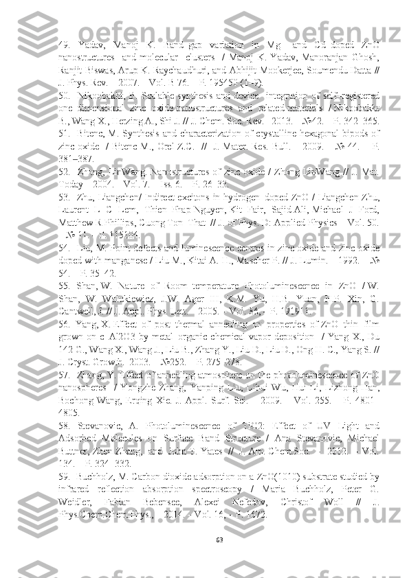 49.     Yadav,     Manoj     K.     Band–gap     variation     in     Mg–     and     Cd–doped     ZnO
nanostructures     and   molecular     clusters     /   Manoj   K.   Yadav,   Manoranjan   Ghosh,
Ranjit Biswas, Arup K. Raychaudhuri, and Abhijit Mookerjee, Soumendu Datta //
J. Phys. Rev. – 2007. – Vol. B 76. – P. 195450 (1–9). 
50.     Nikoobakht,   B.   Scalable   synthesis   and   device     integration   of   self–registered
one–dimensional   zinc   oxide nanostructures   and   related materials   / Nikoobakht
B., Wang X., Herzing A., Shi J. // J. Chem. Soc. Rev. –2013. – №42. – P. 342–365.
51.   Bitenc, M.  Synthesis  and characterization of  crystalline  hexagonal  bipods  of
zinc oxide   /  Bitenc  M., Orel  Z.C.    //    J. Mater. Res.  Bull. – 2009. – № 44. –   Р .
381 387. ‒
52.     Zhong,   LinWang.   Nanostructures   of   zinc   oxide   /   Zhong   LinWang   //   J.   Mat.
Today – 2004. – Vol. 7. – Iss. 6. – P. 26–33. 
53.   Zhu, Liangchen/ Indirect excitons in hydrogen–doped ZnO / Liangchen Zhu,
Laurent   L   C   Lem,   Thien–Phap Nguyen, Kit   Fair,   Sajid Ali, Michael   J   Ford,
Matthew R Phillips, Cuong Ton–That  // J. of Phys. D: Applied Physics – Vol. 50.
– № 11. – P. 115104. 
54.   Liu, M. Point defects and luminescence centres in zinc oxide and zinc oxide
doped with manganese / Liu M., Kitai A. H., Mascher P. // J. Lumin. – 1992. – №
54. – P. 35–42. 
55.   Shan, W.   Nature   of   Room–temperature   Photoluminescence   in   ZnO   / W.
Shan,  W.  Walukiewicz,  J.W.  Ager  III,  K.M.  Yu,  H.B.  Yuan,  H.P.  Xin,  G.
Cantwell, J. // J. Appl. Phys. Lett. – 2005. – Vol. 86, – P. 191911. 
56.  Yang, X. Effect  of  post–thermal  annealing  on  properties  of ZnO  thin  film
grown   on   c–Al2O3   by   metal–organic   chemical   vapor   deposition     /   Yang   X.,   Du
142 G., Wang X., Wang J., Liu B., Zhang Y., Liu D., Liu D., Ong H. C., Yang S. //
J. Cryst. Growth.–2003. – №252. – P. 275–278. 
57.   Zhang, Y. Effect of annealing atmosphere on the photoluminescence of ZnO
nanospheres     /   Yongzhe   Zhang,   Yanping   Liu,   Lihui   Wu,   Hui   Li,   Lizhong   Han,
Bochong   Wang,   Erqing   Xie.   J.   Appl.   Surf.   Sci.   –   2009.   –   Vol.   255.   –   P.   4801–
4805. 
58.    Stevanovic,    A.    Photoluminescence     of    TiO2:     Effect     of    UV     Light     and
Adsorbed   Molecules   on   Surface   Band   Structure   /   Ana   Stevanovic,   Michael
Buttner, Zhen Zhang,   and   John T. Yates   //   J. Am. Chem.Soc.   –   2012.   – Vol.
134. – P. 324−332. 
59.  Buchholz, M. Carbon dioxide adsorption on a ZnO(1010) substrate studied by
infrared     reflection     absorption     spectroscopy     /     Maria     Buchholz,     Peter     G.
Weidler,     Fabian     Bebensee,     Alexei     Nefedov,     Christof     Woll     //     J.
Phys.Chem.Chem.Phys., – 2014. – Vol. 16, – P. 1672. 
63 