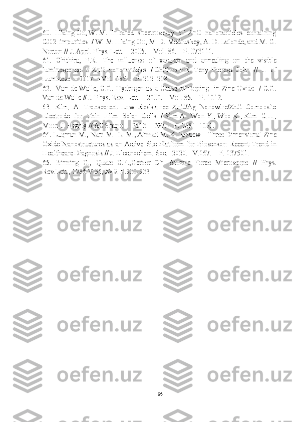 60.  Hlaing Oo, W. M.  Infrared  spectroscopy  of  ZnO  nanoparticles  containing
CO2  impurities  / W. M. Hlaing Oo, M. D. McCluskey, A. D. Lalonde, and M. G.
Norton // J. Appl. Phys. Lett. – 2005. – Vol. 86. – P. 073111. 
61.   Chithira,   P.R.   The   in ﬂ uence   of   vacuum   and   annealing   on   the   visible
luminescence  in ZnO  nanoparticles  / Chithira P.R, Teny Theresa  John  //  J.  of
Luminesc. – 2017. – Vol. 185. – P. 212–218. 
62.   Van de Walle, C.G. Hydrogen as  a Cause  of Doping   in Zinc Oxide   / C.G.
Van de Walle // J. Phys. Rev. Lett. – 2000. – Vol. 85. – P. 1012. 
63.  Kim,  A.  Transparent  Low  Resistance  ZnO/Ag  Nanowire/ZnO  Composite
Electrode   for   Thin   Film   Solar   Cells   / Kim A., Won Y., Woo K., Kim   C.H.,
Moon J. Highly // ACS nano. – 2013. – №7. –  Р . 1081–1091. 
64. Luqman M., Napi M.  L. M., Ahmad M. K. Review—Three Dimensional Zinc
Oxide   Nanostructures   as   an   Active   Site   Platform   for   Biosensor:   Recent   Trend   in
Healthcare Diagnosis // J. Electrochem. Soc. -2020. –V.167. – P. 137501.
65.   Binning   G.,   Quate   C.F.,Gerber   Ch.   Atomic   Force   Microscope   //   Phys.
Rev.Lett., 1986.V.56,  №  9. P.930-933
64 