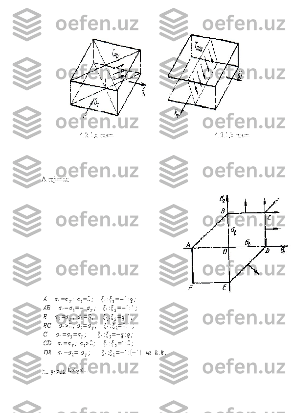             4.2.1,a-rasm 4.2.1,b-rasm
A rejimda     A	σ1=σT:σ2=0;	ξ1:ξ2=−1:q;	
AB	σ1−	σ2=−	σT;	ξ1:ξ2=−1:1;	
B	σ2=σT;σ1=	0;	ξ1:ξ2=q:1;	
BC	σ1>0;σ2=	σT;	ξ1:ξ2=	0:1;	
C	σ1=σ2=σT;	ξ1:ξ2=−q:q;	
CD	σ1=σT;	σ2>0;	ξ1:ξ2=1:0;	
DE	σ1−σ2=	σT;	ξ1:ξ2=−1:(−1)	va	h.k.
bu yerda 	
0≤q≤1. 