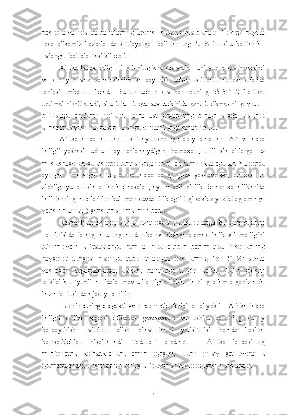 peshona   va   boshqa   baliqlarning   urchish   makoni   hisoblanadi.   Hozirgi   paytda
respublikamiz   bozorlarida   sotilayotgan   baliqlarning   30   %   ini   shu   ko`llardan
ovlangan baliqlar tashkil etadi. 
Afrika   laqqa   balig ` ining   biologik   xususiyatlari   uni   yopiq   suv   havzalari
va   sun ` iy   hovuz   xo ` jaliklarida   ko ` paytirish   uchun   istiqbolli   ob ` ekt   sifatida
tanlash   imkonini   beradi .   Bu   tur   uchun   suv   haroratining   25-32°   C   bo ` lishi
optimal   hisoblanadi ,   shu   bilan   birga   suv   tarkibida   azot   birikmasining   yuqori
bo ` lishiga   chidamli   bo ` ladi .   Jabra   usti   organining   borligi   suvda   kislorod
konsentrasiyasining past bo`lishiga chidamligiga sabab bo`ladi.
Afrika   laqqa baliqlarini  ko`paytirishning  ijobiy tomonlari.   Afrika   laqqa
balig’i   yashash   uchun   joy   tan lamay digan,   hamaxo`r,   turli   sharoitlarga   tez
moslashuvchan va kislorod tanqisligiga noyob chidamlilikka ega  tur.  Yuqorida
aytilgan   omillarga   ko`ra,   afrika   laqqa   balig`i   juda   yashovchan,   bu   esa   uni
zichligi   yuqori   sharoitlarda   (masalan,   ayrim   baliqchilik   fermer   xo`jaliklarida
baliqlarning miqdori bir kub metr suvda tirik og`irligi sakkiz yuz kilogrammga
yetishi mumkin) yetishtirish imkonini beradi.
Respublikamiz   aholisining   oziq-ovqat   mahsulotlariga   bo`lgan   talabini
qondirishda faqatgina uning miqdor ko`rsatkichigina emas, balki salomatligini
ta`minlovchi   ko`rsatkichga   ham   alohida   e`tibor   berilmoqda.   Insonlarning
hayvonot   dunyosi   hisobiga   qabul   qiladigan   oqsillarning   18—20   %i   suvda
yashovchi   organizmlarga,   asosan,   baliqlarga   to`g`ri   keladi.   Baliq   go`shti
tarkibida to`yimli moddalar mavjud bo`lgan holda ularning odam organizmida
hazm bo`lish darajasi yuqoridir. 
Tadqiqotning   obyekti   va   predmeti :   Tadqiqot   obyekti   -   Afrika   laqqa
balig`i   afrika   laqqasi   ( Clarias   gariepinus )   va   ushbu   baliqning   sun`iy
ko`paytirish,   uvildiriq   olish,   chavoqlarini   yetishtirish   hamda   boshqa
ko`rsatkichlari   hisoblanadi.   Tadqiqot   predmeti   –   Afrika   laqqasining
morfometrik   ko`rsatkichlari,   embriologiyasi,   ularni   jinsiy   yetiluvchanlik
(gametogenez), pushtdorligi sun`iy ko`paytirish texnologiyasi hisoblanadi.
4 