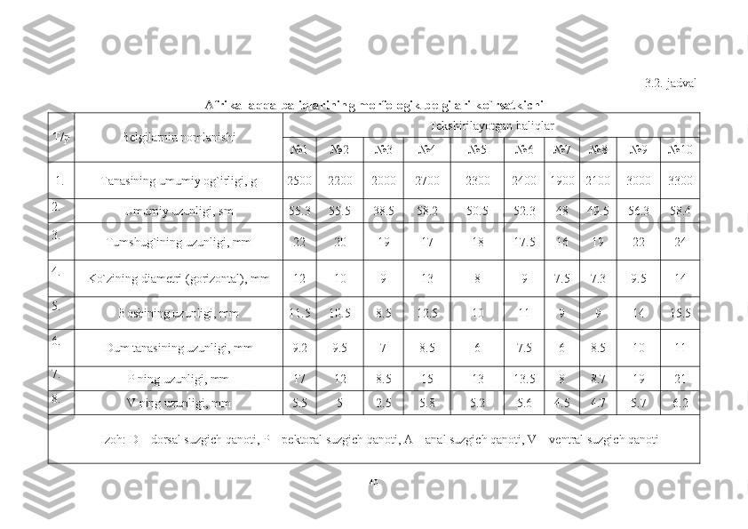 3.2.-jadval
Afrika laqqa  bali q larining morfologik belgilari k o` rsatkichi
Т/р Belgilarnin nomlanishi Tekshirilayotgan baliqlar
№1 №2 №3 №4 №5 № 6 № 7 № 8 № 9 № 10
1. Tanasining umumiy og`irligi ,  g 2500 2200 2000 2700 2300 2400 1900 2100 3000 3300
2.
Umumiy uzunligi ,  sm 55.3 55.5 38.5 58.2 50.5 52.3 48 49.5 56.3 58.4
3.
Tumshug`ining uzunligi, mm 22 20 19 17 18 17.5 16 19 22 24
4.
Ko`zining diametri  ( gorizontal ),  mm 12 10 9 13 8 9 7.5 7.3 9.5 14
5.
Boshining uzunligi, mm 11.5 10.5 8.5 12.5 10 11 9 9 14 15.5
6.
Dum tanasining uzunligi, mm 9.2 9.5 7 8.5 6 7.5 6 8.5 10 11
7.
P  ning uzunligi, mm 17 12 8.5 15 13 13.5 8 8.7 19 21
8.
V  ning uzunligi, mm 5.5 5 2.5 5.8 5.2 5.6 4.5 4.7 5.7 6.2
Izoh: D – dorsal suzgich qanoti, P – pektoral suzgich qanoti, A – anal suzgich qanoti ,   V – ventral suzgich qanoti
40 