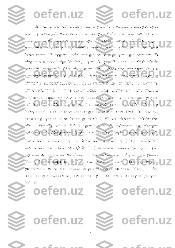 Afrika baliqlar ko`llar, daryolar, daryo, botqoq va botqoqlarda yashaydi,
ularning   aksariyati   vaqti-vaqti   bilan   quriydi.   Ko`pincha,   ular   suv   toshqini
botqoqlarida   va   orqa   suvlarda   yashaydilar,   u   erda   maxsus   nafas   olish   organi
yordamida   mavsumiy   qurg`oqchilik   paytida   omon   qoladilar.   Turlar   katta
havzalardan   12   oygacha   oziqlanadigan   va   voyaga   yetadigan   vaqtinchalik
qirg`oq   suv   havzalariga   ko`chib,   u   yerda   ko`payadi.   Ushbu   ko`chish   odatda
yomg`irli   mavsum   boshida   qisqa   vaqtni   oladi.   Jinsiy   bezlarning   yetilishi   suv
sathining   ko`tarilishi   bilan   bog`liq.   Barqaror   atrof-muhit   sharoitida   kattalar
birinchi yilga qadar etuklashadi. Qulay sharoitda urg`ochi baliq o`z vaznining
bir   kilogrammiga   60   ming   tuxum   beradi.   Urug`lantirishdan   oldin,   erkaklar
urg`ochilar   uchun   agressiv   tarzda   raqobatlashadilar,   ular   bilan   ular   yagona
juftlik   hosil   qiladilar.   Urg`ochilari   faol   ravishda   dumini   harakatlantirib   jinsiy
hujayralarni aralashtirish va urug`langan tuxumlarni tarqatishadi. Ikra suv osti
narsalariga   yopishadi   va   haroratga   qarab   20-60   soat   davomida   inkubatsiya
qiladi.   Sariqlik   xaltasi   3-4   kungacha   so`riladi,   oshqozon   esa   ekzogen
oziqlanish   boshlangandan   keyin   5-6   kundan   keyin   ishlay   boshlaydi.
Tuxumdan   chiqqanining   10-15-kunida   baliqlarning   jinsiy   farqlanishi
boshlanadi.   Lichinkalar   issiq   (>   24   °   C)   va   ozuqa   moddalariga   boy   bo`lgan
joylarda   tez   oziqlanadi   va   o`sadi.   30   kun   ichida   ular   3-7   grammga   yetadi.
Yomg`irlar   to`xtaganidan   so`ng,   suv   havzalari   qurishi   bilanoq,   voyaga
yetmaganlar   va   kattalar   chuqur   daryolarga   qaytib   kelishadi.   Yomg`irli   fasl
ko’p   bo`lgan   hududlarda,   odatda,   har   yili   ikki   marta   ko`payish   jarayoni
bo’ladi.
41 