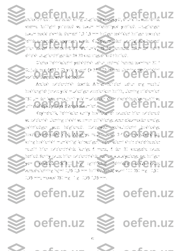 aralashtiriladi. 1 daqiqadan so`ng urug`lantirish tugaydi, chunki bu vaqt ichida
sperma   faolligini   yo`qotadi   va   tuxum   mikropiliyasi   yopiladi.   Urug`langan
tuxum pastki qismida diametri 1,2-1,5 mm bo`lgan teshiklari bo`lgan tovoqlar
ichida   turgan   yoki   oqayotgan   suvda.   Kuluçka   muddati   uzunligi   suv   harorati
bilan   teskari   proportsionaldir.   Ma`lumki,   25   °C   haroratda   tuxumdan   ochib
chiqish urug`lantirilgandan 28-32 soat o`tgach sodir bo`ladi. 
Clarias   lichinkalarini   yetishtirish   uchun   optimal   harorat   taxminan   30   °
C;   juda   past   (<22   °   C)   yoki   yuqori   (>   36   °   C)   harorat   ularning   rivojlanishini
sezilarli darajada sekinlashtiradi.
Aralash   oziqlantirish   davrida   Afrika   baliqlari   uchun   eng   maqbul
boshlang`ich jonzot yoki muzlatilgan zooplankton bo`lib, ularning o`lchamlari
150 µm dan katta emas, jonli yoki muzlatilgan sho`r qisqichbaqalar nauplii va
uning dekapsulyatsiya qilingan tuxumlari.
Keyinchalik,   lichinkalar   sun`iy   boshlang`ich   ozuqalar   bilan   oziqlanadi
va oziqlanish ularning o`sishi va omon qolishlariga zarar etkazmasdan amalga
oshiriladigan   vaqt   belgilanadi.   Oziq-ovqat   mahsulotlarini   boshlashga
bosqichma-bosqich   o`tish   Artemiya   nauplii   bilan   2-4   kun   ovqatlanishdan
so`ng boshlanishi mumkinligi ko`rsatilgan. Lichinkalarni sho`r qisqichbaqalar
nauplii   bilan   oziqlantirishda   kuniga   6   marta,   6   dan   20   soatgacha   ozuqa
beriladi.San`iy ozuqa bilan oziqlantirishda ma`lum xususiyatlarga ega bo`lgan
yem   ishlatiladi.   50-100   mg   og`irlikdagi   lichinkalar   uchun   ozuqa
zarrachalarining hajmi 0,35-0,5 mm bo`lishi kerak; vazni 100-250 mg - 0,50-
0,75 mm; massasi 250 mg - 1 g - 0,75-1,25 mm. 
60 