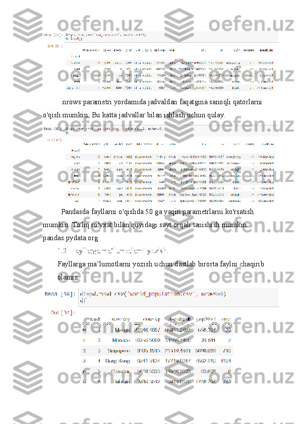 .nrows   parametri yordamida jadvaldan faqatgina sanoqli qatorlarni 
o'qish mumkin. Bu katta jadvallar bilan ishlash uchun qulay. 
Pandasda fayllarni o'qishda 50 ga yaqin parametrlarni ko'rsatish 
mumkin. To'liq ro'yxat bilan quyidagi sayt orqali tanishish mumkin: 
pandas.pydata.org.
1.2 Fayllarga ma’lumotlarni yozish.
Fayllarga ma’lumotlarni yozish uchun dastlab birorta faylni chaqirib 
olamiz. 