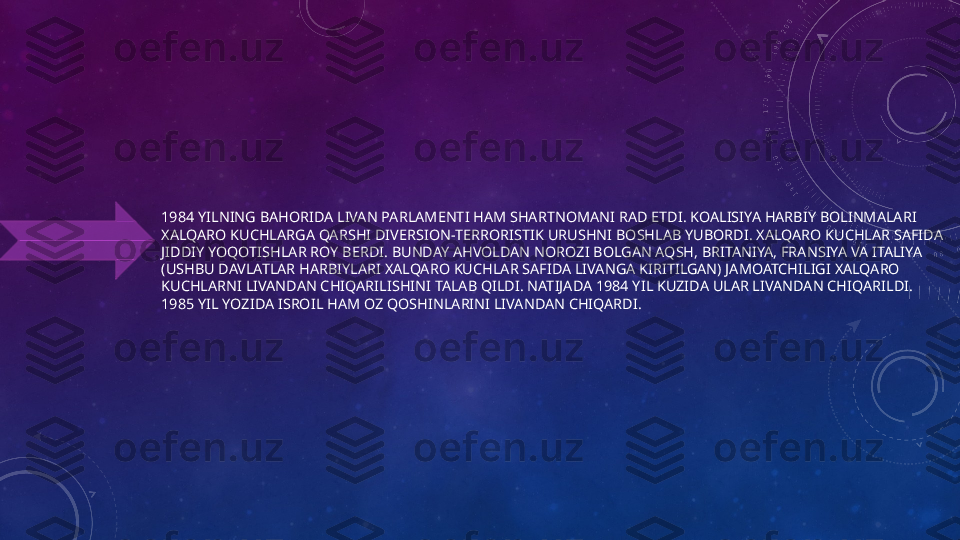 1984 YILNING BAHORIDA LIVAN PARLAMENTI HAM SHARTNOMANI RAD ETDI. KOALISIYA HARBIY BOLINMALARI 
XALQARO KUCHLARGA QARSHI DIVERSION-TERRORISTIK URUSHNI BOSHLAB YUBORDI. XALQARO KUCHLAR SAFIDA 
JIDDIY YOQOTISHLAR ROY BERDI. BUNDAY AHVOLDAN NOROZI BOLGAN AQSH, BRITANIYA, FRANSIYA VA ITALIYA 
(USHBU DAVLATLAR HARBIYLARI XALQARO KUCHLAR SAFIDA LIVANGA KIRITILGAN) JAMOATCHILIGI XALQARO 
KUCHLARNI LIVANDAN CHIQARILISHINI TALAB QILDI. NATIJADA 1984 YIL KUZIDA ULAR LIVANDAN CHIQARILDI. 
1985 YIL YOZIDA ISROIL HAM OZ QOSHINLARINI LIVANDAN CHIQARDI. 