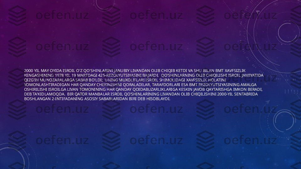 2000 YIL MAY OYIDA ISROIL O'Z QO'SHINLARINI JANUBIY LIVANDAN OLIB CHIQIB KETDI VA SHU BILAN BMT XAVFSIZLIK 
KENGASHINING 1978 YIL 19 MARTDAGI 425-REZOLYUTSIYASINI BAJARDI.  QO'SHINLARNING OLIB CHIQILISHI ISROIL JAMIYATIDA 
QIZG'IN MUNOZARALARGA SABAB BO'LDI;  UNING MUXOLIFLARI ISROIL SHIMOLIDAGI XAVFSIZLIK HOLATINI 
YOMONLASHTIRADIGAN HAR QANDAY CHEKINISHNI QORALADILAR, TARAFDORLARI ESA BMT REZOLYUTSIYASINING AMALGA 
OSHIRILISHI ISROILGA LIVAN TOMONINING HAR QANDAY QOIDABUZARLIKLARIGA KESKIN JAVOB QAYTARISHGA IMKON BERADI, 
DEB TA'KIDLAMOQDA.  BIR QATOR MANBALAR ISROIL QO‘SHINLARINING LIVANDAN OLIB CHIQILISHINI 2000-YIL SENTABRIDA 
BOSHLANGAN 2-INTIFADANING ASOSIY SABABLARIDAN BIRI DEB HISOBLAYDI. 