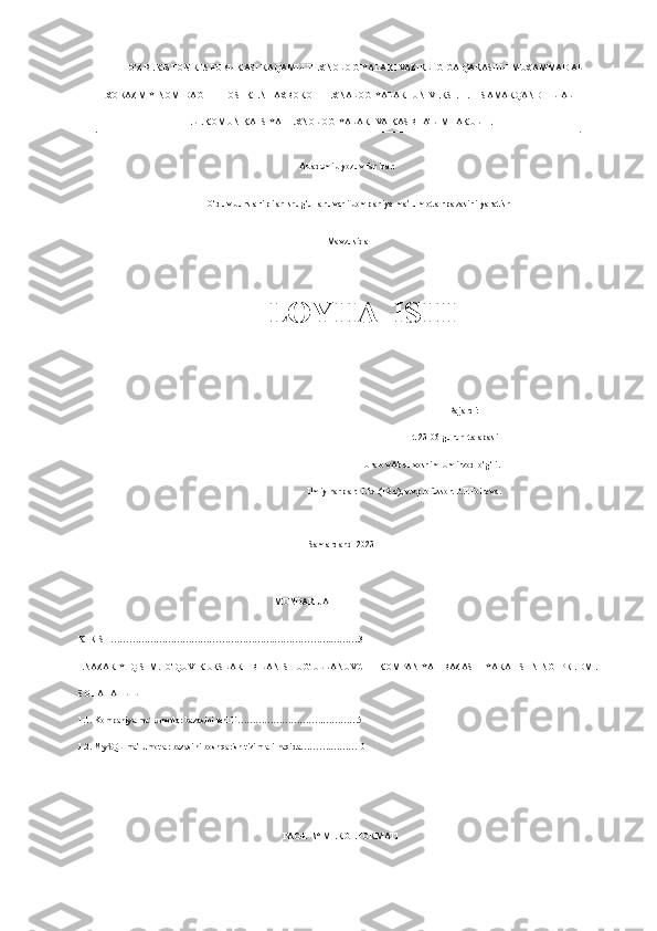 O‘ZBEKISTON RESPUBLIKASI RAQAMLI TEXNOLOGIYALARI VAZIRLIGIGA QARASHLI MUXAMMAD AL-
XORAZMIY NOMIDAGI       TOSHKENT AXBOROT TEXNALOGIYALARI UNIVERSETETI SAMARQAND FILIALI
TELEKOMUNIKATSIYA TEXNOLOGIYALARI VA  KASB TA’LIM FAKULTETI
Akademik yozuv fanidan
O‘quv kurslari bilan shug‘ullanuvchi kompaniya ma’lumotlar bazasini   yaratish
Mavzusida
LOYHA  ISHI
                                                                                                Bajardi:
                                                                                      Tt 23-06-guruh talabasi
                                                                   Uralov Abduxoshim Umirzoq o‘g‘li.
                                         
  Ilmiy rahbar: f.f.d.(DSc).,v.v.professor.D.F.Toirova .
Samarqand-2023
MUNDARIJA  
KIRISH ……………………………………………….……………….……….3
I .NAZARIY   QISIM.   O‘QUV   KURSLARI   BILAN   SHUG‘ULLANUVCHI   KOMPANIYA     BAZASI     YARATISHNING   PREDMET
SOHA TAHLILI
1.1.  Kompaniya ma`lumotlar bazasini tahlili ………………………..…………5
1.2.  MySQL ma’lumotlar bazasini   boshqarish tizimlari haqida ……….………10
PAGE   \* MERGEFORMAT1 