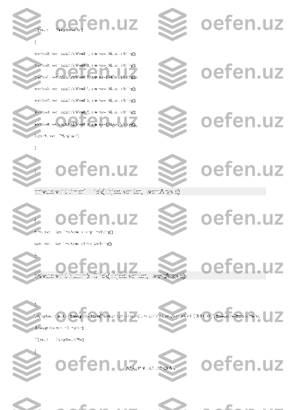 if (result == DialogResult.No)
{
textBox2.Text = dataGridView2[1, rowIndex].Value.ToString();
textBox3.Text = dataGridView2[2, rowIndex].Value.ToString();
textBox4.Text = dataGridView2[3, rowIndex].Value.ToString();
textBox5.Text = dataGridView2[4, rowIndex].Value.ToString();
textBox6.Text = dataGridView2[5, rowIndex].Value.ToString();
textBox7.Text = dataGridView2[6, rowIndex].Value.ToString();
textBox8.Text = dataGridView2[7, rowIndex].Value.ToString();
button3.Text = "Yangilash";
}
}
}
private void timer1_Tick(object sender, EventArgs e)
{
time.Text = DateTime.Now.ToLongTimeString();
date.Text = DateTime.Now.ToShortDateString();
}
private void button5_Click(object sender, EventArgs e)
{
DialogResult result = MessageBox.Show("Rostdan ham ushbu ma'lumolarni o‘chirvormqchimisiz ? ","ASKING" ,MessageBoxButtons.YesNo, 
MessageBoxIcon.Information);
if (result == DialogResult.Yes)
{
PAGE   \* MERGEFORMAT1 