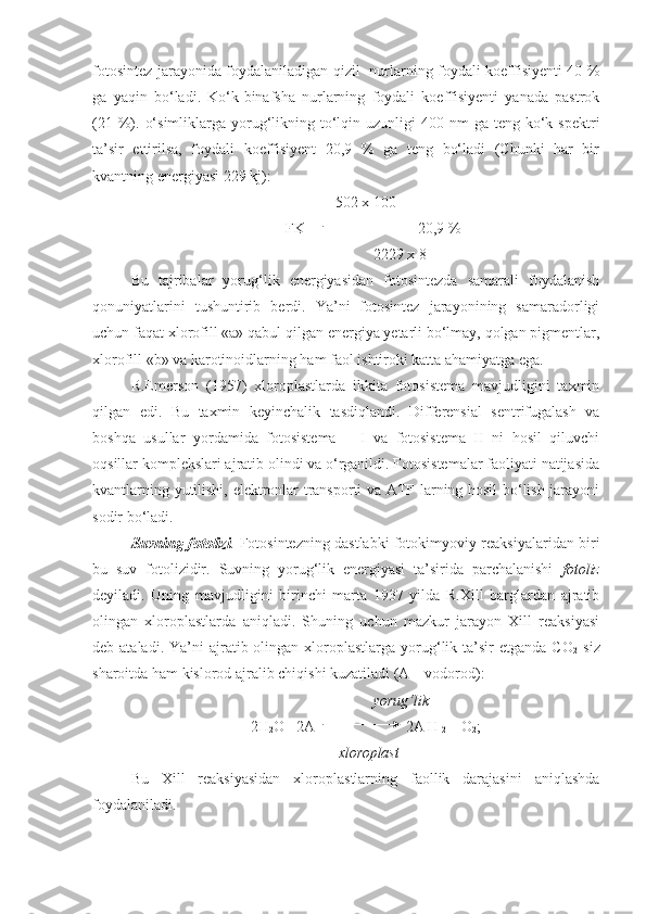 fotosintez jarayonida foydalaniladigan qizil   nurlarning foydali koeffisiyenti 40 %
ga   yaqin   bo‘ladi.   Ko‘k-binafsha   nurlarning   foydali   koeffisiyenti   yanada   pastrok
(21  %).  o‘simliklarga  yorug‘likning to‘lqin  uzunligi  400  nm  ga  teng ko‘k  spektri
ta’sir   ettirilsa,   foydali   koeffisiyent   20,9   %   ga   teng   bo‘ladi   (Chunki   har   bir
kvantning energiyasi 229 kj):
502 x 100 
    FK =                       = 20,9 %
                                                          2229 x 8
Bu   tajribalar   yorug‘lik   energiyasidan   fotosintezda   samarali   foydalanish
qonuniyatlarini   tushuntirib   berdi.   Ya’ni   fotosintez   jarayonining   samaradorligi
uchun faqat xlorofill «a» qabul qilgan energiya yetarli bo‘lmay, qolgan pigmentlar,
xlorofill «b» va karotinoidlarning ham faol ishtiroki katta ahamiyatga ega.
R.Emerson   (1957)   xloroplastlarda   ikkita   fotosistema   mavjudligini   taxmin
qilgan   edi.   Bu   taxmin   keyinchalik   tasdiqlandi.   Differensial   sentrifugalash   va
boshqa   usullar   yordamida   fotosistema   –   I   va   fotosistema   II   ni   hosil   qiluvchi
oqsillar komplekslari ajratib olindi va o‘rganildi. Fotosistemalar faoliyati natijasida
kvantlarning yutilishi, elektronlar transporti va ATF larning hosil bo‘lish jarayoni
sodir bo‘ladi.
Suvning fotolizi .   Fotosintezning dastlabki fotokimyoviy reaksiyalaridan biri
bu   suv   fotolizidir.   Suvning   yorug‘lik   energiyasi   ta’sirida   parchalanishi   fotoliz
deyiladi.   Uning   mavjudligini   birinchi   marta   1937   yilda   R.Xill   barglardan   ajratib
olingan   xloroplastlarda   aniqladi.   Shuning   uchun   mazkur   jarayon   Xill   reaksiyasi
deb ataladi.  Ya’ni  ajratib  olingan  xloroplastlarga yorug‘lik  ta’sir  etganda  CO
2   siz
sharoitda ham kislorod ajralib chiqishi kuzatiladi (A – vodorod): 
                                    yorug‘lik
2H
2 O +2A                        2A
  H 
2  + O
2 ;
                                           xloroplast
Bu   Xill   reaksiyasidan   xloroplastlarning   faollik   darajasini   aniqlashda
foydalaniladi. 