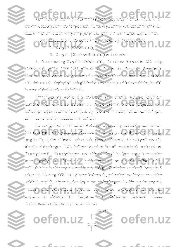 Karbonat angidridning o‘zlashtirilishi ham oddiy jarayon emas. U juda ko‘p 
bioximik reaksiyalarni o‘z ichiga oladi. Bu reaksiyalarning xarakterlari to‘g‘risida 
batafsil ma’lumotlar biokimyoning yangi usullarini qo‘llash natijasidagina olindi. 
Hozirgi paytda CO
2  ni o‘zlashtirishning bir necha yo‘li aniqlangan: 
1. С
3 - yo‘li (Kalvin sikli), 
2. С
4 -  yo‘li  ( Xetch   va   Slek   sikli )  va   boshqalar .
3. Fotosintezning   C
3 -yo‘li.   Kalvin   sikli.   Fotosintez   jarayonida   CO
2   ning
o‘zlashtirish   yo‘lini   1946-1956   yillarda   Kaliforniya   dorilfununida,   Amerikalik
bioximik  M.Kalvin  va  uning  xodimlari   aniqladilar.  Shuning  uchun  ham  u  Kalvin
sikli deb ataladi. Keyingi yillardagi izlanishlarning natijalari ko‘rsatishicha, bu sikl
hamma o‘simliklarda sodir bo‘ladi.  
Birinchi   asosiy   vazifa   CO
2   o‘zlashtirilishi   oqibatida   vujudga   keladigan
dastlabki   organik   moddani   aniqlash   edi .   Aytish   lozimki ,   mazkur   jarayonda   hosil
bo‘ladigan   uglevodlarni   aniqlash   juda   qiyin ,  chunki   miqdor   jihatidan   kam   bo‘lgan ,
turli  –  tuman   oraliq   moddalar   hosil   bo‘ladi . 
Bu   vazifani   xal   qilish   uchun   M . Kalvin   uglerodning   radioaktiv   atomlaridan
( nishonlangan   14
С )   foydalanadi .   Radioaktiv   14  
С   ning   yemirilish   davri   5220   yilga
teng   bo‘lib ,   tajriba   o‘tkazish   uchun   juda   qulay   hisoblanadi .   Bir   hujayrali   suv   o‘ti
xlorella   nishonlangan   14
CO
2   bo‘lgan   sharoitda   har   xil   muddatlarda   saqlanadi   va
fiksasiyalanadi .   Fiksasiyalangan   suv   o‘tlarida   hosil   bo‘lgan   organik   moddalar
xromotografiya   usuli   bilan   bir   -   biridan   ajratiladi   va   radiofotografiya   usulini
qo‘llash   bilan   har   bir   organik   modda   tarkibidagi   14
С   miqdori   aniqlandi .   Natijada   5
sekundda   14
С   ning   87%   fosfogliserat   kislotasida ,   qolganlari   esa   boshqa   moddalar
tarkibida   topildi .   Bir   minutdan   keyin   esa   nishonlangan   14
С   bir   qancha   organik
modda   va   aminokislotalar   tarkibida   qayd   etildi .   Shunday   qilib ,   karbonat
angidridning   o‘zlashtirilishi   natijasida   hosil   bo‘ladigan   dastlabki   modda
fosfogliserat   kislota   ekanligi   ma ’ lum   bo‘ldi :
                                              CH
2  O  P
        CHOH 