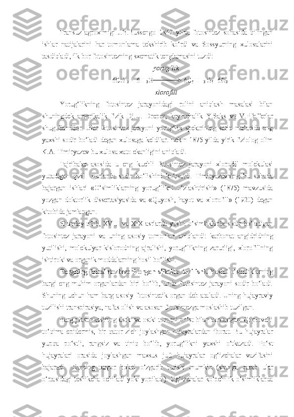 Fransuz   agroximigi   J.B.Bussengo   1840   yilda   fotosintez   sohasida   qilingan
ishlar   natijalarini   har   tomonlama   tekshirib   ko‘rdi   va   Sossyurning   xulosalarini
tasdiqladi, ilk bor fotosintezning sxematik tenglamasini tuzdi:
yorug‘lik
6CO 
2  + 6H 
2 O               6C
6  H 
12  O
6 +6O
2
xlorofill
Yorug‘likning   fotosintez   jarayonidagi   rolini   aniqlash   masalasi   bilan
shuningdek   amerikalik   fizik   Dj.U.   Dreper,   keyinchalik   Y.Saks   va   V.Pfefferlar
shugullandilar.   Ular   fotosintez   jarayoni   yorug‘lik   spektrining   sariq   nurlarida   eng
yaxshi sodir bo‘ladi degan xulosaga keldilar. Lekin 1875 yilda yirik fiziolog olim
K.A. Timiryazev bu xulosa xato ekanligini aniqladi.
Tajribalar   asosida   u   eng   kuchli   fotosintez   jarayoni   xlorofill   molekulasi
yutadigan   qizil     nurlarda   sodir   bo‘lishini   ko‘rsatdi.   Timiryazevning   bu   sohada
bajargan   ishlari   «O‘simliklarning   yorug‘likni   o‘zlashtirishi»   (1875)   mavzusida
yozgan   doktorlik   dissertasiyasida   va   «Quyosh,   hayot   va   xlorofill»   (1920)   degan
kitobida jamlangan.
Shunday qilib,   XVIII   va   XIX   asrlarda yashil o‘simliklarda sodir bo‘ladigan
fotosintez   jarayoni   va   uning   asosiy   tomonlari   aniqlandi:   karbonat   angidridning
yutilishi,   molekulyar   kislorodning   ajralishi,   yorug‘likning   zarurligi,   xlorofillning
ishtiroki va organik moddalarning hosil bo‘lishi.
Bargning fotosintezlovchi  organ  sifatida tuzilishi .   Yashil   o‘simliklarning
bargi   eng   muhim   organlardan   biri   bo‘lib,   unda   fotosintez   jarayoni   sodir   bo‘ladi.
Shuning   uchun   ham   barg   asosiy   fotosintetik   organ   deb   ataladi.   Uning   hujayraviy
tuzilishi transpirasiya, nafas olish va asosan fotosintezga moslashib tuzilgan.
Barg plastinkasining ustki va ostki tomoni po‘st bilan qoplangan. Qoplovchi
to‘qima   epidermis,   bir   qator   zich   joylashgan   hujayralardan   iborat.   Bu   hujayralar
yupqa   po‘stli,   rangsiz   va   tiniq   bo‘lib,   yorug‘likni   yaxshi   o‘tkazadi.   Po‘st
hujayralari   orasida   joylashgan   maxsus   juft   hujayralar   og‘izchalar   vazifasini
bajaradi.   Ularning   turgor   holati   o‘zgarib   turishi   mumkin   (shunga   qarab   ular
o‘rtasidagi teshikcha ochiladi yoki yopiladi). Og‘izchalar ko‘pchilik o‘simliklarda 