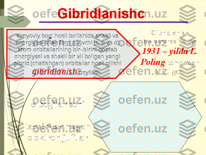 Gibridlanishc
Kimyoviy bog’ hosil bo’lishida shakli va 
energiyasi bilan farq qiluvchi (s, p va d) 
atom orbitallarining bir–birini qoplab 
energiyasi va shakli bir xil bo’lgan yangi 
gibrid (chatishgan) orbitallar hosil qilishi 
gibridlanish  deyiladi.  Gibridlanish 
tushunchasi fanga 
1931 – yilda L. 
Poling  tomonidan 
kiritilgan.
σ  bog’lar soni
+
taqsimlanmagan
elektron juftlar              