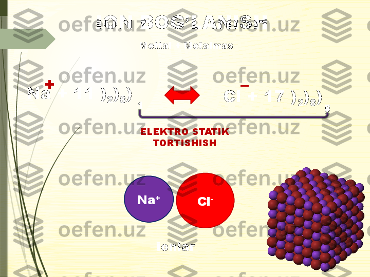 ION BOG’LANISH
Mettal  +  Metalmas
Na + 11 )
2 )
8 )
1 Cl + 17 )
2 )
8 )
78+ – 
 
ELEKTRO STATIK 
TORTISHISH
Na +
Cl -
ionlar              