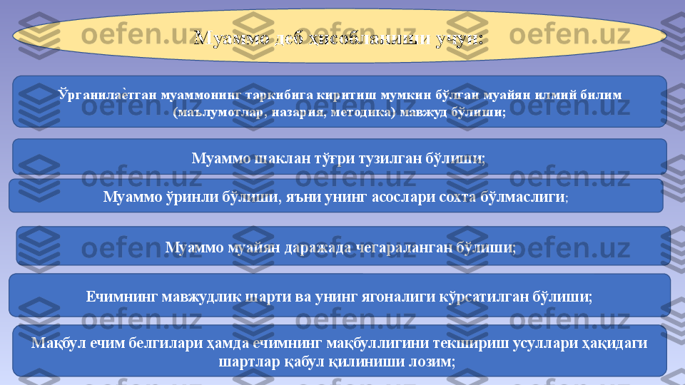 Муаммо деб ҳисобланиши учун:
Ўрганилае#тган муаммонинг таркибига киритиш мумкин бўлган муайян илмий билим 
(маълумотлар, назария, методика) мавжуд бўлиши;
Муаммо шаклан тўғри тузилган бўлиши;
Муаммо ўринли бўлиши, яъни унинг асослари сохта бўлмаслиги ;
Муаммо муайян даражада чегараланган бўлиши; 
Ечимнинг мавжудлик шарти ва унинг ягоналиги кўрсатилган бўлиши;
Мақбул ечим белгилари ҳамда ечимнинг мақбуллигини текшириш усуллари ҳақидаги 
шартлар қабул қилиниши лозим;  