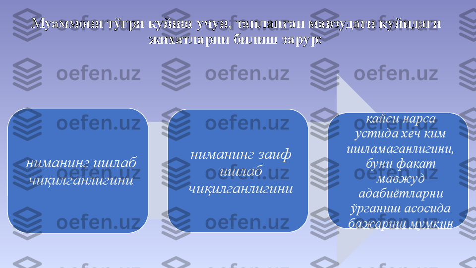 ниманинг ишлаб 
чи қ илганлигини ниманинг заиф 
ишлаб 
чиқилганлигини кайси нарса 
устида хеч ким 
ишламаганлигини, 
буни факат 
мавжуд 
адабиётларни 
ўрганиш асосида 
бажариш мумкинМуаммони тўғри куйиш учун, танланган мавзудаги куйидаги 
жихатларни билиш зарур: 