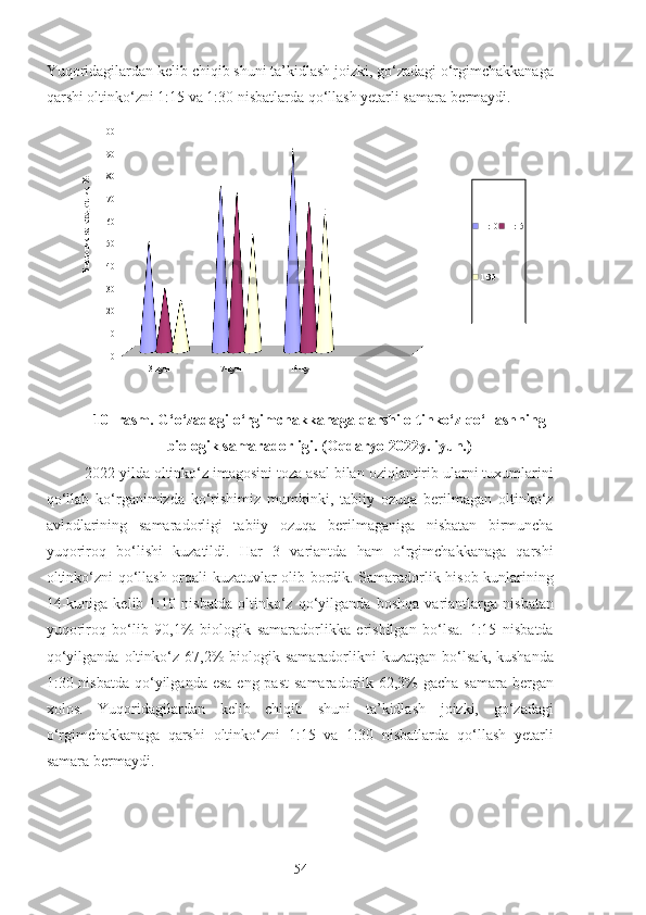 Yuqoridagilardan kelib chiqib shuni ta’kidlash joizki, go‘zadagi o‘rgimchakkanaga
qarshi oltinko‘zni 1:15 va 1:30 nisbatlarda qo‘llash yetarli samara bermaydi.
3-кун 7-кун 14-кун0102030405060708090100
-1:10 -1:15
1:30Биологик  самарадорлик, %
10- rasm.   G‘o‘zadagi o‘rgimchakkanaga qarshi oltinko‘z qo‘llashning 
biologik samaradorligi. (Oqdaryo 2022y. iyun.)
2022 yilda oltinko‘z imagosini toza asal bilan oziqlantirib ularni tuxumlarini
qo‘llab   ko‘rganimizda   ko‘rishimiz   mumkinki,   tabiiy   ozuqa   berilmagan   oltinko‘z
avlodlarining   samaradorligi   tabiiy   ozuqa   berilmaganiga   nisbatan   birmuncha
yuqoriroq   bo‘lishi   kuzatildi.   Har   3   variantda   ham   o‘rgimchakkanaga   qarshi
oltinko‘zni qo‘llash orqali kuzatuvlar olib bordik. Samaradorlik hisob kunlarining
14-kuniga   kelib   1:10   nisbatda   oltinko‘z   qo‘yilganda   boshqa   variantlarga   nisbatan
yuqoriroq   bo‘lib   90,1%   biologik   samaradorlikka   erishilgan   bo‘lsa.   1:15   nisbatda
qo‘yilganda   oltinko‘z   67,2%   biologik  samaradorlikni   kuzatgan   bo‘lsak,   kushanda
1:30 nisbatda qo‘yilganda esa  eng past  samaradorlik 62,3%  gacha  samara bergan
xolos.   Yuqoridagilardan   kelib   chiqib   shuni   ta’kidlash   joizki,   go‘zadagi
o‘rgimchakkanaga   qarshi   oltinko‘zni   1:15   va   1:30   nisbatlarda   qo‘llash   yetarli
samara bermaydi.
54 