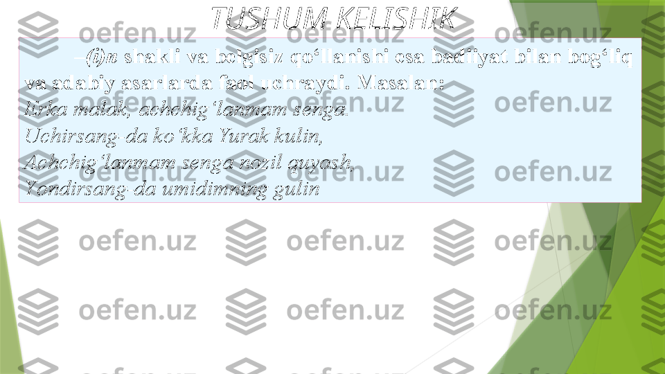 TUSHUM KELISHIK
– (i)n  shakli va belgisiz   qo‘llanishi esa badiiyat bilan bog‘liq 
va adabiy asarlarda faol   uchraydi. Masalan: 
Erka malak, achchig‘lanmam senga. 
Uchirsang-da   ko‘kka Yurak kulin, 
Achchig‘lanmam senga nozil quyosh, 
Y o ndirsang-da   umidimning gulin                  