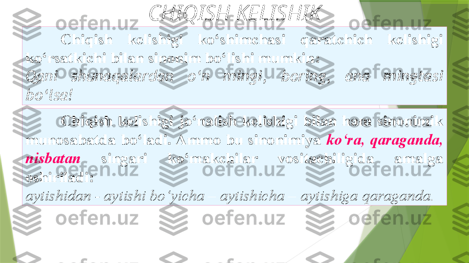 CHIQISH KELISHIK
C h iqish  kelishigi  ko‘shimchasi  qaratchich  kelishigi
ko‘rsatkichi bilan sinonim bo‘lishi mumkin :  
Qani  shunaqalardan   o‘n  mingi,  boring,  ana  mingtasi 
bo‘lsa!
C h iqish  kelishigi  jo‘nalish  kelishigi  bilan  ham  sinonimik
munosabatda  bo‘ladi. Ammo  bu  sinonimiya  ko‘ra,  qaraganda,
nisbatan  singari  ko‘makchilar  vositachiligida  amalga  
oshiriladi: 
aytishidan - aytishi bo‘yicha – aytishicha –   aytishiga qaraganda.                  