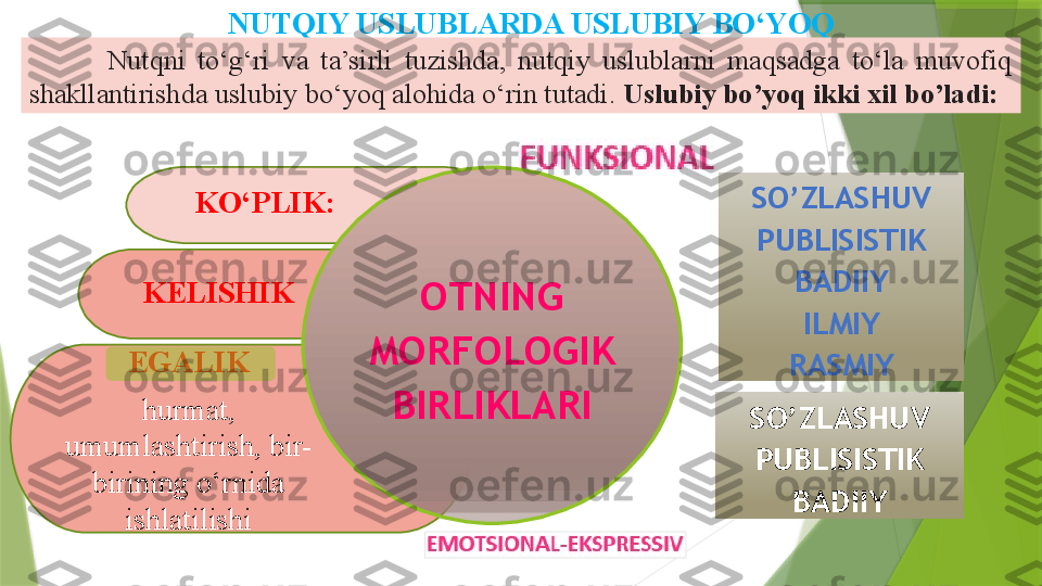 EGALIK
hurmat, 
umumlashtirish, bir-
birining o‘rnida 
ishlatilishi KELISHIK KO‘PLIK:
OTNING 
MORFOLOGIK 
BIRLIKLARINUTQIY USLUBLARDA USLUBIY BO‘YOQ
SO’ZLASHUV
PUBLISISTIK
BADIIY
ILMIY
RASMIYNutqni  to‘g‘ri  va  ta’sirli  tuzishda,  nutqiy  uslublarni  maqsadga  to‘la  muvofiq 
shakllantirishda uslubiy bo‘yoq alohida o‘rin tutadi.  Uslubiy bo’yoq ikki xil bo’ladi:  
SO’ZLASHUV
PUBLISISTIK
BADIIY                  