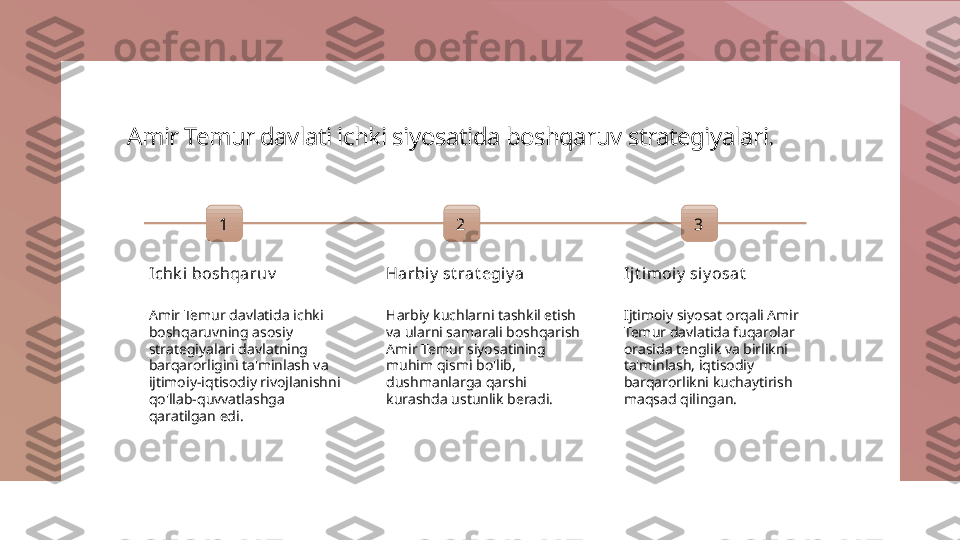 Amir Temur davlati ichki siyosatida boshqaruv strategiyalari.
1
Ichk i  boshqaruv
Amir Temur davlatida ichki 
boshqaruvning asosiy 
strategiyalari davlatning 
barqarorligini ta'minlash va 
ijtimoiy-iqtisodiy rivojlanishni 
qo'llab-quvvatlashga 
qaratilgan edi. 2
Harbiy  st rat egiy a
Harbiy kuchlarni tashkil etish 
va ularni samarali boshqarish 
Amir Temur siyosatining 
muhim qismi bo'lib, 
dushmanlarga qarshi 
kurashda ustunlik beradi. 3
Ijt imoiy  si y osat
Ijtimoiy siyosat orqali Amir 
Temur davlatida fuqarolar 
orasida tenglik va birlikni 
ta'minlash, iqtisodiy 
barqarorlikni kuchaytirish 
maqsad qilingan. 