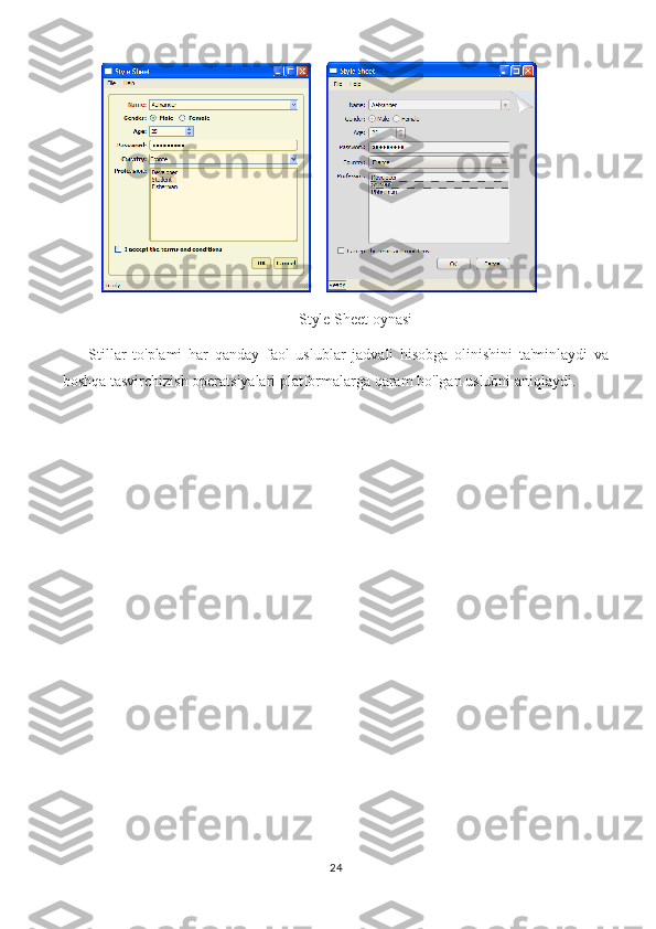                                              
Style Sheet oynasi
Stillar   to'plami   har   qanday   faol   uslublar   jadvali   hisobga   olinishini   ta'minlaydi   va
boshqa tasvirchizish operatsiyalari platformalarga qaram bo'lgan uslubni aniqlaydi.
24 