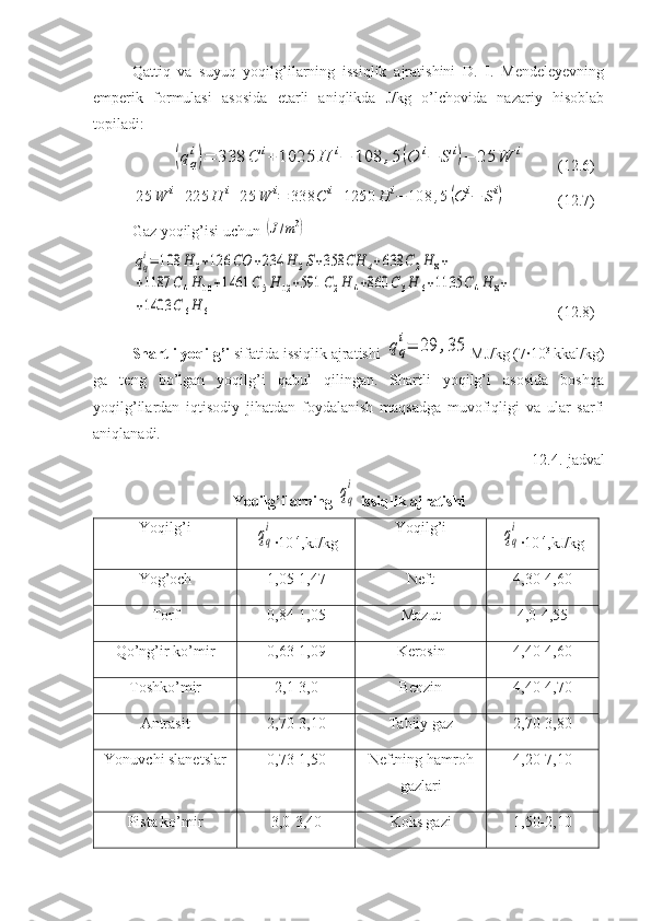 Qattiq   va   suyuq   yoqilg’ilarning   issiqlik   ajratishini   D.   I.   Mendeleyevning
emperik   formulasi   asosida   etarli   aniqlikda   J/kg   o’lchovida   nazariy   hisoblab
topiladi:(qq
i)=	338	C	i+	1025	H	i−	108	,5(O	i−	S	i)−	25	W	i
(12.6)	
25	W	i+	225	H	i+	25	W	i=	338	C	i+	1250	H	i−	108	,5(O	i−	Si)
(12.7)
Gaz yoqilg’isi uchun 	
(J/m3)	
qq
i=	108	H	2+126	CO	+234	H	2S+358	CH	4+638	C2H	8+	
+1187	C4H	10+1461	C5H	12+591	C2H	4+860	C3H	6+1135	C	4H	8+	
+1403	C	6H	6
(12.8)
Shartli yoqilg’i  sifatida issiqlik ajratishi 	
qq
i=	29	,35 MJ/kg (7·10 3
 kkal/kg)
ga   teng   bo’lgan   yoqilg’i   qabul   qilingan.   Shartli   yoqilg’i   asosida   boshqa
yoqilg’ilardan   iqtisodiy   jihatdan   foydalanish   maqsadga   muvofiqligi   va   ular   sarfi
aniqlanadi.
12.4.-jadval 
Yoqilg’ilarning 	
qq
i  issiqlik ajratishi
Yoqilg’i	
qq
i
·10 -4
,kJ/kg Yoqilg’i	qq
i
· 10 -4
,kJ/kg
Yog’och  1,05-1,47 Neft  4,30-4,60
Torf  0,84-1,05 Mazut  4,0-4,55
Qo’ng’ir ko’mir 0,63-1,09 Kerosin  4,40-4,60
Toshko’mir 2,1-3,0 Benzin  4,40-4,70
Antrasit  2,70-3,10 Tabiiy gaz  2,70-3,80
Yonuvchi slanetslar  0,73-1,50 Neftning hamroh
gazlari  4,20-7,10
Pista ko’mir 3,0-3,40 Koks gazi  1,50-2,10 