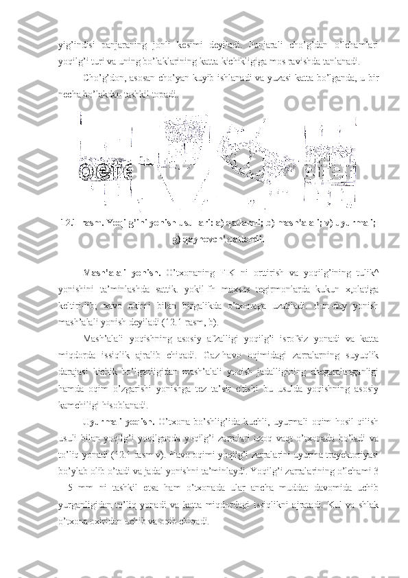 yig’indisi   panjaraning   jonli   kesimi   deyiladi.   Panjarali   cho’g’dan   o’lchamlari
yoqilg’i turi va uning bo’laklarining katta-kichikligiga mos ra vishda tanlanadi.
Cho’g’don, asosan cho’yan kuyib ishlanadi va yuzasi katta bo’lganda, u bir
necha bo’lakdan tashkil topadi.
12.1-rasm. Yoqilg’ini yonish usullari: a) qatlamli; b) mash’alali; v) uyurmali;
g) qaynovchi qatlamli.
Mash’alali   yonish.   O’txonaning   FIK   ni   orttirish   va   yoqilg’ining   tulik^
yonishini   ta’minlashda   sattik.   yokil-fh   maxsus   tegirmonlarda   kukun   x,olatiga
keltiri-lib;   xavo   okimi   bilan   birgalikda   o’txonaga   uzatiladi.   Bun-day   yonish
mash’alali yonish deyiladi (12.1-rasm, b).
Mash’alali   yoqishning   asosiy   afzalligi   yoqilg’i   isrofsiz   yonadi   va   katta
miqdorda   issiqlik   ajralib   chiqadi.   Gaz-havo   oqimidagi   zarralarning   suyuqlik
darajasi   kichik   bo’lganligidan   mash’alali   yoqish   jadalligining   chegaralanganligi
hamda   oqim   o’zgarishi   yonishga   tez   ta’sir   e'tishi   bu   usulda   yoqishning   asosiy
kamchiligi hisoblanadi.
Uyurmali   yoqish.   O’txona   bo’shlig’ida   kuchli,   uyurmali   oqim   hosil   qilish
usuli   bilan   yoqilg’i   yoqilganda   yoqilg’i   zarralari   uzoq   vaqt   o’txonada   bo’ladi   va
to’liq yonadi (12.1-rasm v). Havo oqimi yoqilg’i zarralarini uyurma trayektoriyasi
bo’ylab olib o’tadi va jadal yonishni ta’minlaydi. Yoqilg’i zarralarining o’lchami 3
—5   mm   ni   tashkil   etsa   ham   o’txonada   ular   ancha   muddat   davomida   uchib
yurganligidan   to’liq   yonadi   va   katta   miqdordagi   issiqlikni   ajratadi.   Kul   va   shlak
o’txona oxiridan uchib va oqib chiqadi. 