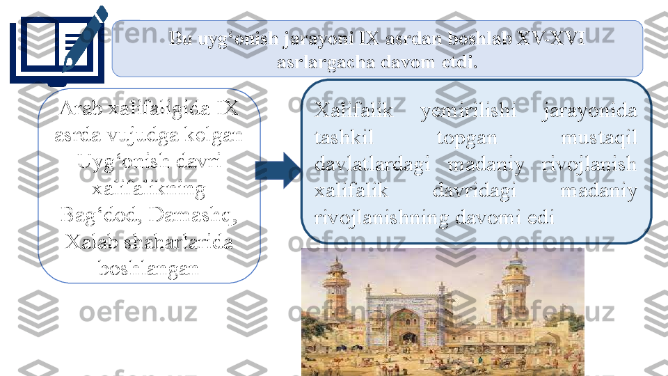      Xalifalik  yemirilishi  jarayonida 
tashkil  topgan  mustaqil 
davlatlardagi  madaniy  rivojlanish 
xalifalik  davridagi  madaniy 
rivojlanishning davomi ediArab xalifaligida IX 
asrda vujudga kelgan 
Uyg‘onish davri 
xalifalikning 
Bag‘dod, Damashq, 
Xalab shaharlarida 
boshlangan Bu uyg‘onish jarayoni IX asrdan boshlab XV-XVI 
asrlargacha davom etdi. 