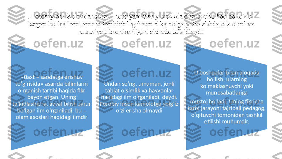 . Forobiy о‘z ishlarida ta’lim – tarbiyani uzviy birlikda olib borish haqida ta’lim 
bergan bо‘lsa ham, ammo har birining insonni kamolga yetkazishda о‘z о‘rni va 
xususiyati bor ekanligini alohida ta’kidlaydi
«Baxt – saodatga erishuv 
tо‘g‘risida» asarida bilimlarni 
о‘rganish tartibi haqida fikr 
bayon etgan. Uning 
ta’kidlashicha, avval bilish zarur 
bо‘lgan ilm о‘rganiladi, bu – 
olam asoslari haqidagi ilmdir Undan sо‘ng, umuman, jonli 
tabiat о‘simlik va hayvonlar 
haqidagi ilm о‘rganiladi, deydi. 
Forobiy inson kamolotga yolg‘iz 
о‘zi erisha olmaydi U boshqalar bilan aloqada 
bо‘lish, ularning 
kо‘maklashuvchi yoki 
munosabatlariga
muxtoj bо‘ladi. Uning fikricha 
tarbi jarayoni tajribali pedagog, 
о‘qituvchi tomonidan tashkil 
etilishi muhumdir. 