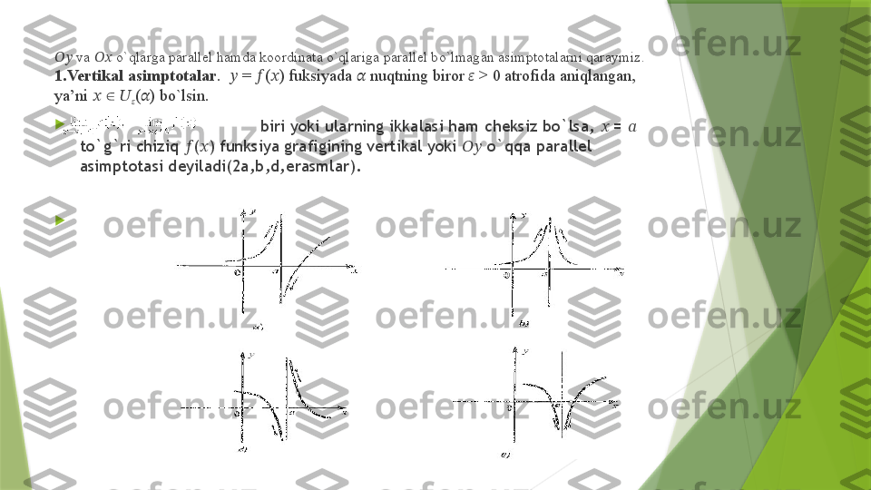 ????????????   va  ????????????  o`qlarga parallel hamda koordinata o`qlariga parallel bo`lmagan asimptotalarni qaraymiz. 
1.Vertikal asimptotalar .   ??????  =  ?????? ( ?????? ) fuksiyada  ??????  nuqtning biror  ??????  > 0 atrofida aniqlangan, 
ya’ni  ??????    ∈ ??????
?????? ( ?????? ) bo`lsin.  

                                        biri yoki ularning ikkalasi ham cheksiz bo`lsa,   =   	
?????? ??????
to`g`ri chiziq  ( ) 	
?????? ?????? funksiya grafigining vertikal yoki  ????????????  o`qqa parallel 
asimptotasi deyiladi(2a,b,d,erasmlar). 

    
                  