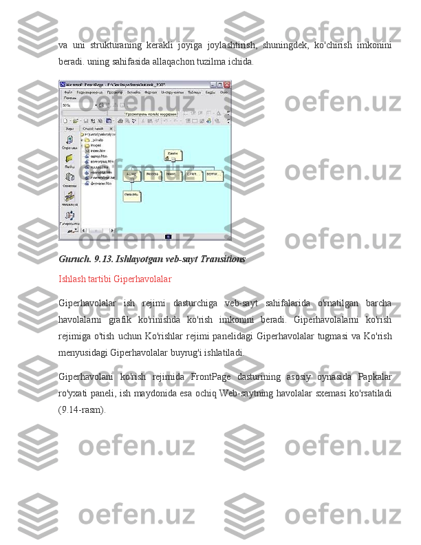 va uni	 strukturaning	 kerakli	 joyiga	 joylashtirish,	 shuningdek,	 ko'chirish	 imkonini
beradi.	
 uning	 sahifasida	 allaqachon	 tuzilma	 ichida.
Guruch. 9.13. Ishlayotgan veb-sayt Transitions
Ishlash	
 tartibi	 Giperhavolalar
Giperhavolalar
 ish	 rejimi	 dasturchiga	 veb-sayt	 sahifalarida	 o'rnatilgan	 barcha
havolalarni	
 grafik	 ko'rinishda	 ko'rish	 imkonini	 beradi.	 Giperhavolalarni	 ko'rish
rejimiga	
 o'tish	 uchun	 Ko'rishlar	 rejimi	 panelidagi	 Giperhavolalar	 tugmasi	 va	 Ko'rish
menyusidagi	
 Giperhavolalar	 buyrug'i	 ishlatiladi.
Giperhavolani	
 ko'rish	 rejimida	 FrontPage	 dasturining	 asosiy	 oynasida	 Papkalar
ro'yxati	
 paneli,	 ish	 maydonida	 esa	 ochiq	 Web-saytning	 havolalar	 sxemasi	 ko'rsatiladi
(9.14-rasm). 