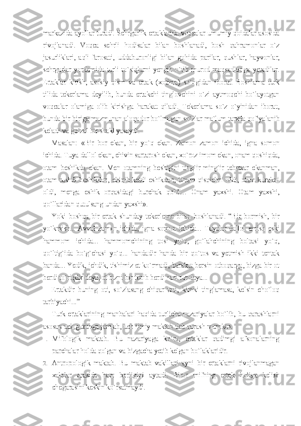 markazida ayollar turadi. Sehrgarlik ertaklarida voqealar umumiy qoidalar asosida
rivojlanadi.   Voqea   sehrli   hodisalar   bilan   boshlanadi,   bosh   qahramonlar   o`z
jasurliklari,   aqli-farosati,   uddaburonligi   bilan   gohida   parilar,   qush lar,   hayvonlar,
sehrgarlar   yordamida   turli   to`siqlarni   yengib   o`tib   murod   maqsadlariga   yetadilar.
Ertaklar   kirish,   asosiy   qism   va   ertak   (xotima)   so`ngidan   iborat.   Boshlama   turk
tilida   tekerlama   deyilib,   bunda   ertakchi   tinglovchini   o`zi   aytmoqchi   bo`layotgan
voqealar   olamiga   olib   kirishga   harakat   qiladi.   Tekerlama   so`z   o`yinidan   iborat,
bunda bir-biriga mazmunan alo qador bo`lmagan so`zlar ma`lum tarzda qofiyalanib
keladi va go`zal bir shakl yasaydi.
Masalan:   «Bir   bor   ekan,   bir   yo`q   ekan.   Zamon   zamon   ichida,   igna   somon
ichida. Tuya dallol ekan, chivin sartarosh ekan, xo`roz imom ekan, onam qoshiqda,
otam   beshikda   ekan.   Men   otamning   beshigini   ting`ir-ming`ir   tebratar   ekanman,
otam tushdi beshikdan, chiqib ketdi eshikdan, Onam qisqichni oldi, otam kurakni
oldi,   menga   eshik   orqasidagi   burchak   qoldi...   Onam   yaxshi.   Otam   yaxshi,
qo`llaridan qutulsang undan yaxshi».
Yoki   boshqa   bir   ertak   shunday   tekerleme   bilan   boshlanadi.   “Bir   bormish,   bir
yo`kmish...   Avval   zamon   ichida,   igna   somon   ichida...   Tuyalar   dallol   emish   eski
hammom   ichida...   hammomchining   tosi   yo`q,   go`lahchining   boltasi   yo`q,
qo`ltig`ida   bo`g`chasi   yo`q...   handadir   handa   bir   qo`tos   va   yetmish   ikki   tentak
banda... Yedik, ichdik, tishimiz et ko`rmadi, barakat bersin otboqarga, bizga bir ot
berdi to`riqdir deya, ot bizni bir tepib berdi nari tur deya...
Ertakdir   buning   oti,   so`zlasang   chiqar   toti,   kimki   tinglamasa,   kelsin   cho`loq
tarbiyachi...”
Turk  ertaklarining  manbalari   haqida  turlicha  nazariyalar   bo`lib,   bu  qarashlarni
asosan uch guruhga jamlab, uch ilmiy maktab deb qarash mumkin.
1. Mifologik   maktab.   Bu   nazariyaga   ko`ra,   ertaklar   qadimgi   afsonalarning
parchalar holda qolgan va bizgacha yetib kelgan bo`laklaridir.
2. Antropologik   maktab.   Bu   maktab   vakillari   ayni   bir   ertaklarni   rivojlanmagan
xalqlar   orasida   ham   borligini   aytadi.   Biror   mifning   ertak   holiga   kelish
chegarasini keskin ko`rsatmaydi. 