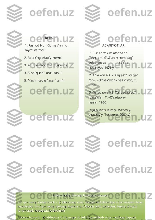 REJ A :
 1.  Rashod Nuri Guntekinning 
hayoti va ijodi
2. Adibning adabiy merosi
3. Adib romanchiligi xususida.
4. “Choliqushi” asari tahlili
5. “Yashil kecha” asari tahlili ADA BI YOTLA R:
  1. Turk ertak va afsonalari. 
Toshkent. G’.G’ulom nomidagi 
Adabiyot va                san’at 
nashriyoti 1976 yil.
2. Alibekov A.K. «Ishq asiri bo’lgan
jon». «O’zbekiston» nashriyoti, T., 
1996
3. Garbuzova V.S. Turk adabiyoti 
klassiklari. T. «O’zadabiy»             
nashr. 1960.
4. Jaloliddin Rumiy. Ma’naviy-
masnaviy. Toshkent, 2002 yil.
Amaliy mashg`ulotning texnologik chizmasi
1.O`quv mashg`ulotiga kirish  -  a) Mavzuning nomi, maqsadi va kutilayotgan o`quv natijalari bilan
tanishtiriladi; b) o`quv mashg`ulotining tuzilishi va o`tkazish tartibi tushuntirib beradi; s) tezkor 
so`rov orqali talabalarni faollashtiradi                    
2.Asosiy bosqich  - a) talabalarni to`rt guruhga bo`ladi; b) guruhlarda o`quv vazifasini bajarish 
bo`yicha ishni tashkil qiladi; s) taqdimot boshlanishini e`lon qiladi; d) guruh faoliyati natijalari  