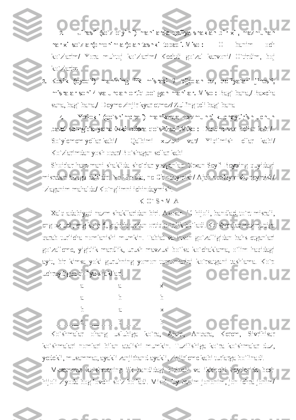 2. Jinasli   (so`z   o`yinli)   manilarda   qofiya   shaklan   bir   xil,   mazmunan
har xil so`zlar(omonimlar)dan tashkil topadi. Misol:  O   banim   och
ko`zlarim/   Yora   muhtoj   ko`zlarim/   Kechdi   go`zal   karvoni/   O`tirdim,   boj
ko`zlarim
3. Kesik   (oyoqli)   manining   ilk   misrasi   7   hijodan   oz,   qofiyalari   jinosli,
misralar soni 4 va undan ortiq bo`lgan manilar. Misol:   Bag` bana,/ Baxcha
sana, bag` bana,/  Deyme zinjir kyar etmez/ Zulfing teli bag` bana
4. Yedekli   (qo`shimchali)   manilarda   mazmunni   kuchaytirish   uchun
band   so`ngida   yana   ikki   misra   qo`shiladi.Misol:   Dardim   var   bellar   kabi/  
So`ylemem yellar kabi/  Qalbimi   xuzuni   var/   Yiqilmish   ellar   kabi/
Ko`zlarimdan yosh oqar/ Bo`shagan sellar kabi
Shoirlar  ham  mani  shaklida  she`rlar  yozganlar. Orxan Seyfi  Beyning  quyidagi
misralari bunga dalildir: Ne Hindda, ne Chindaymish/ Ajab nerdaymish, neymish/
Izlaganim mahalda/ Ko`nglimni ichindaymish.
K O` Sh M A
Xalq adabiyoti  nazm  shakllaridan  biri. Asosan  11 hijoli, bandlari  to`rt  misrali,
eng oz uch, eng ko`p 6, gohida undan ortiq to`rtlik bo`ladi. Ko`shmalar mazmuniga
qarab   turlicha   nomlanishi   mumkin.   Tabiat   va   inson   go`zalligidan   bahs   etganlari
go`zalleme,   yigitlik   mardlik,   urush   mavzusi   bo`lsa   ko`chaklama,   o`lim   haqidagi
ayit,   bir   kimsa   yoki   guruhning   yomon   tomonlarini   ko`rsatgani   tashlama.   Ko`p
uchraydigan qofiya shakllari.
________ a _________ a __________ x
________ a _________ b __________ b
________ b _________ a __________ x
________ a _________ b __________ b
Ko`shmalar   ohang   uslubiga   ko`ra,   Ajam,   Anqara,   Kerem,   Sivrihisar
ko`shmalari   nomlari   bilan   atalishi   mumkin.   Tuzilishiga   ko`ra   ko`shmalar   duz,
yedekli, musammat, ayakli zanjirband ayakli, zinjirleme kabi turlarga bo`linadi.
Musammat   ko`shmaning   ilk   bandidagi   birinchi   va   ikkinchi   baytlarida   besh
hijoli  ziyoda  bog`lovchi  so`z  bo`ladi. Misol:  Ey banim  jononim, jon ichra jonim/ 