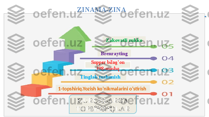                              ZINAMA-ZINA
Supper bilag’on 
398-mashq
1-topshiriq.Yozish ko’nikmalarini o’stirish  Tinglab tushunish Brenrayting Zakovatli zukko
GURUHLARGA 
TOPSHIRIQLAR  