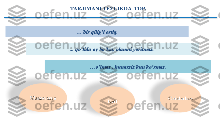 TARJIMANI TEZLIKDA  TOP.
        
... qo’lida oy bo’lsa, olamni yoritmas. 
Masterstvo …  bir qilig’i ortiq.
… o’lmas , hunarsiz kun ko’rmas.
Evil Geizhalses     