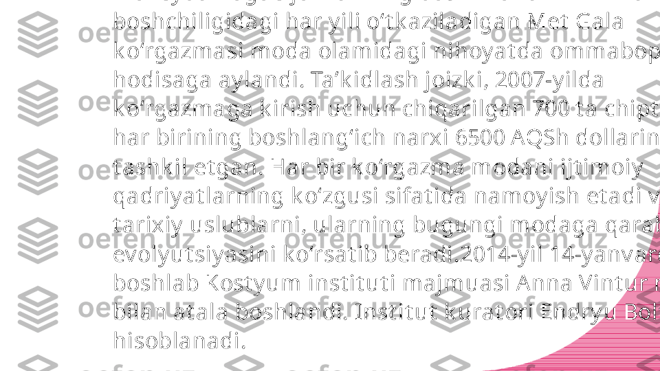 Muzey da Vogue jurnalining bosh muharriri A nna Vint ur 
boshchiligidagi har y ili o‘t k aziladigan Met  Gala 
k o‘rgazmasi moda olamidagi nihoy at da ommabop 
hodisaga ay landi. Ta’k idlash joizk i, 2007-y ilda 
k o‘rgazmaga k irish uchun chiqarilgan 700 t a chipt aning 
har birining boshlang‘ich narxi 6500 AQSh dollarini 
t ashk il et gan. Har bir k o‘rgazma modani ijt imoiy  
qadriy at larning k o‘zgusi sifat ida namoy ish et adi v a 
t arixiy  uslublarni, ularning bugungi modaga qarab 
ev oly ut siy asini k o‘rsat ib beradi.2014-y il 14-y anv ardan 
boshlab Kost y um inst it ut i majmuasi A nna V int ur nomi 
bilan at ala boshlandi. Inst it ut  k urat ori Endry u Bolt on 
hisoblanadi. 