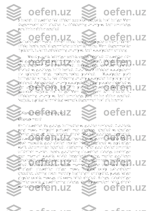 5-bosqich.   O`quvchilar   ikki   ob’ektni   taqqoslash   natijasida   hosil   bo`lgan   Venn
diagrammasini  tahlil  qiladilar. Bu  ob’ektlarning umumiy va farqli  tomonlariga
yana bir bor e’tibor qaratiladi
Faollashtiruvchi  mashq.  Birinchi   ob’ekt:   barcha trapesiyalar  to`plami;   ikkinchi
ob’ekt:  barcha parallelogrammlarlar  to`plamidan iborat. Venn  diagrammasidan
foydalanib, bu ko`pburchaklarning umumiy va farqli xususiyatlarini aniqlang.
               Metod yuqorida keltirilgan tartibda amalga oshiriladi: O`quvchilar oldin
ikki   guruhga   bo`linadi   va   birinchi   guruhga     -   “trapesiya”,   ikkinchi   guruhga   –
“parallelogramm”   tushunchasi   beriladi.   Doskaga   ikkita   kesishuvchi   aylanalar
chiziladi   va   guruhlarga   bo`lib   beriladi.   Guruhlar   o`z   ob’ektlari   xususiyatlarini
o`z   aylanalari   ichiga   navbatma-navbat   yozishadi.     Xususiyatlar   yozib
bo`lingandan so`ng, bu ikki ob’ektning umumiy xususiyatlari bor yoki yo`qligi
aniqlanadi. Aylanalardagi umumiy xususiyatlar haqidagi yozuvlar o`chiriladi va
ular   umumiy   soha   ichiga   bitta   qilib   yoziladi.   O`quvchilar   ikki   ob’ektni
taqqoslash   natijasida   hosil   bo`lgan   Venn   diagrammasini   tahlil   qiladilar.   Bu
ob’ektlarning   umumiy   va   farqli   tomonlariga   yana   bir   bor   e’tibor   qaratiladi.
Natijada, quyidagi ko`rinishdagi sxematik diagrammani hosil qila boramiz. 
3. Zigzag metodidan foydalanish
«Zigzag» metodi
Sinf   o`quvchilari   7ta   guruhga   bo`linadilar   va   guruhlar   nomlanadi.   Guruhlarda
yangi   mavzu   mohiyatini   yorituvchi   matn   qismlarga     ajratiladi   va   ajratilgan
qismlar   mazmuni   bilan   tanishib   chiqish   vazifasi   guruhlarga   topshiriladi.
O`quvchilar   matnlarni   diqqat   bilan   o`rganadilar   va   gapirib   beradilar.   Vaqtni
tejash   maqsadida   guruh   a’zolari   orasidan   liderlar   belgilanadi   va   qayd   etilgan
vazifa ular tomonidan bajariladi. Liderlarning fikrlari guruh a’zolari tomonidan
to`ldirilishi   mumkin.   Barcha   guruhlarning   o`quvchilari   o`zlariga   topshirilgan
matn   mazmuni   xususida   so`zlab   berganlaridan   so`ng,   matnlar   guruhlararo
almashtirilib, avvalgi faoliyat takrorlanadi. Guruhlarga bir necha matnlar taqdim
etiladi.   Shu   tarzda   barcha   matnlar   mazmuni   guruhlar   tomonidan   o`rganib
chiqilgach   o`quvchilar   o`tilgan   mavzu   bo`yicha   asosiy   tushunchalarni
ajratadilar,   ularning   o`zaro   mantiqiy   bog`liqligini   aniqlaydilar,   yuzaga   kelgan
g`oyalar   asosida   mavzuga   oid   sxema   ishlab   chiqiladi.   So`ngra   o`zlashtirilgan
bilimlar   asosida   o`quvchilarning   o`zlariga   shunday   sxemalarni   ishlab   chiqish
vazifasi topshiriladi. 