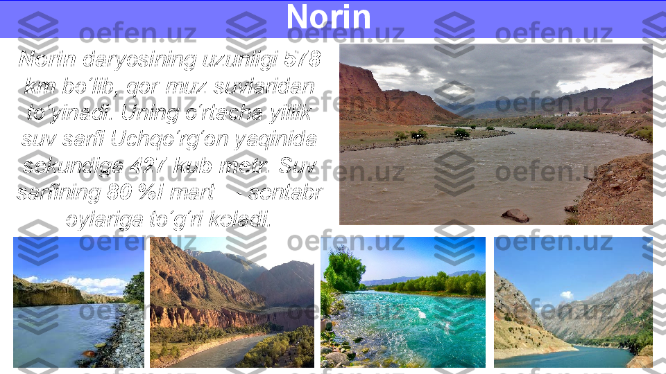 Norin  daryosining uzunligi  578 
km  bo‘lib, qor-muz suvlaridan 
to‘yinadi. Uning o‘rtacha yillik 
suv sarfi Uchqo‘rg‘on yaqinida 
sekundiga  427 kub metr.  Suv 
sarfining  80 %i  mart — sentabr 
oylariga to‘g‘ri keladi. Norin  